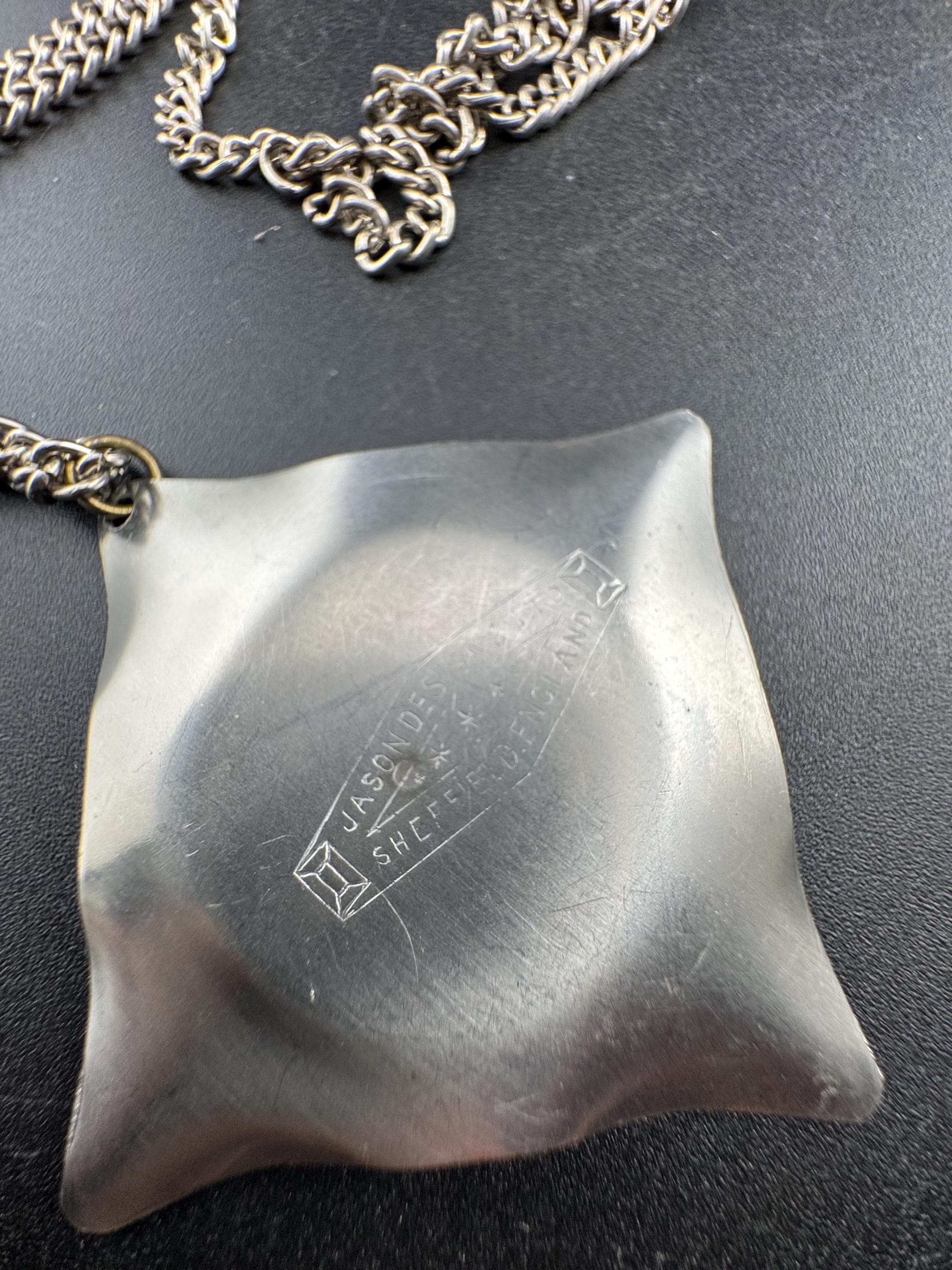 Signed Jason stainless steel grey shell cabochon pendant necklace, Vintage 1970s