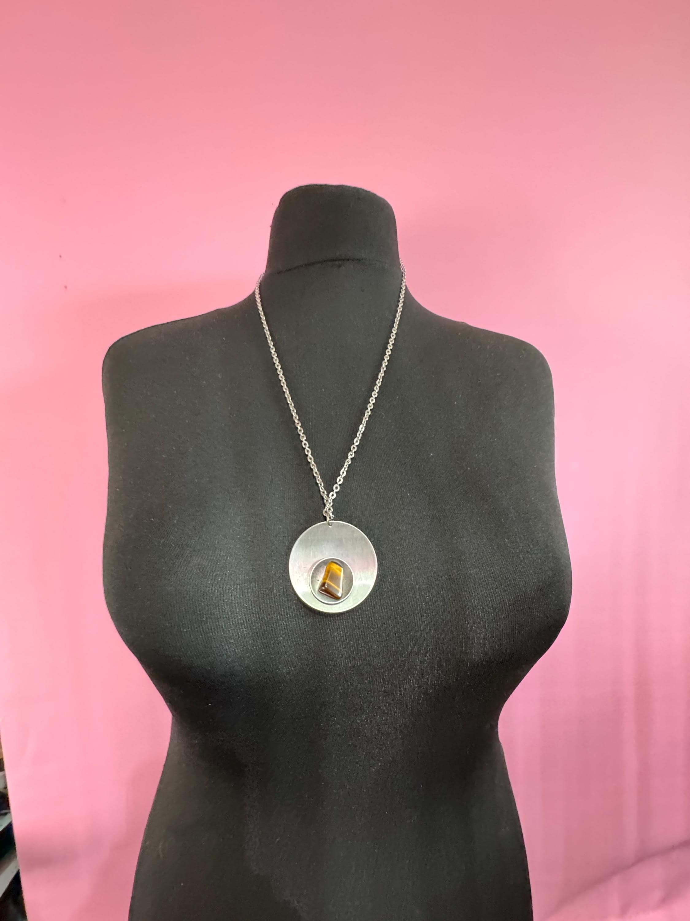 stainless steel tigerseye gemstone brown pendant necklace, Vintage 1970s