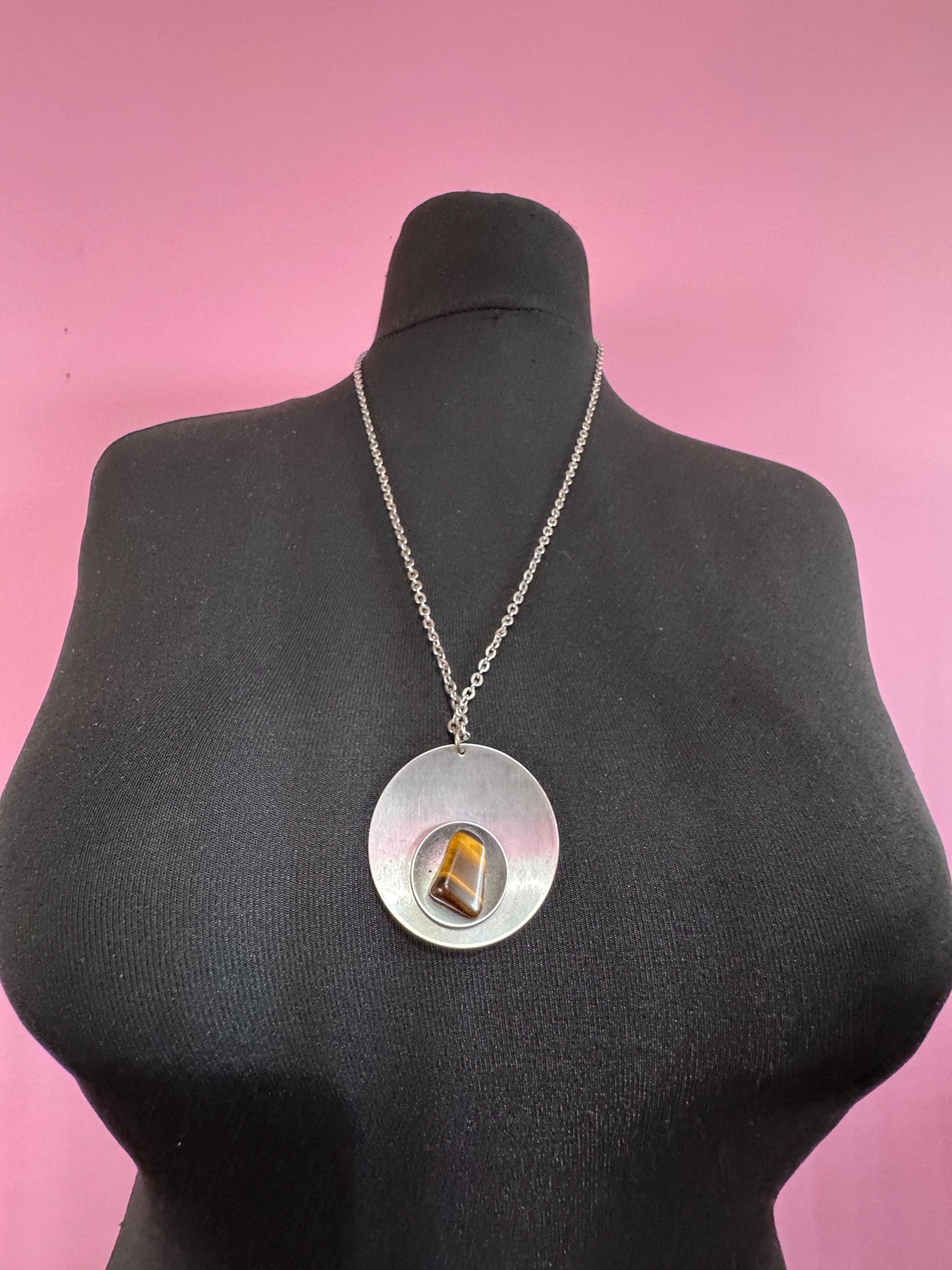 stainless steel tigerseye gemstone brown pendant necklace, Vintage 1970s