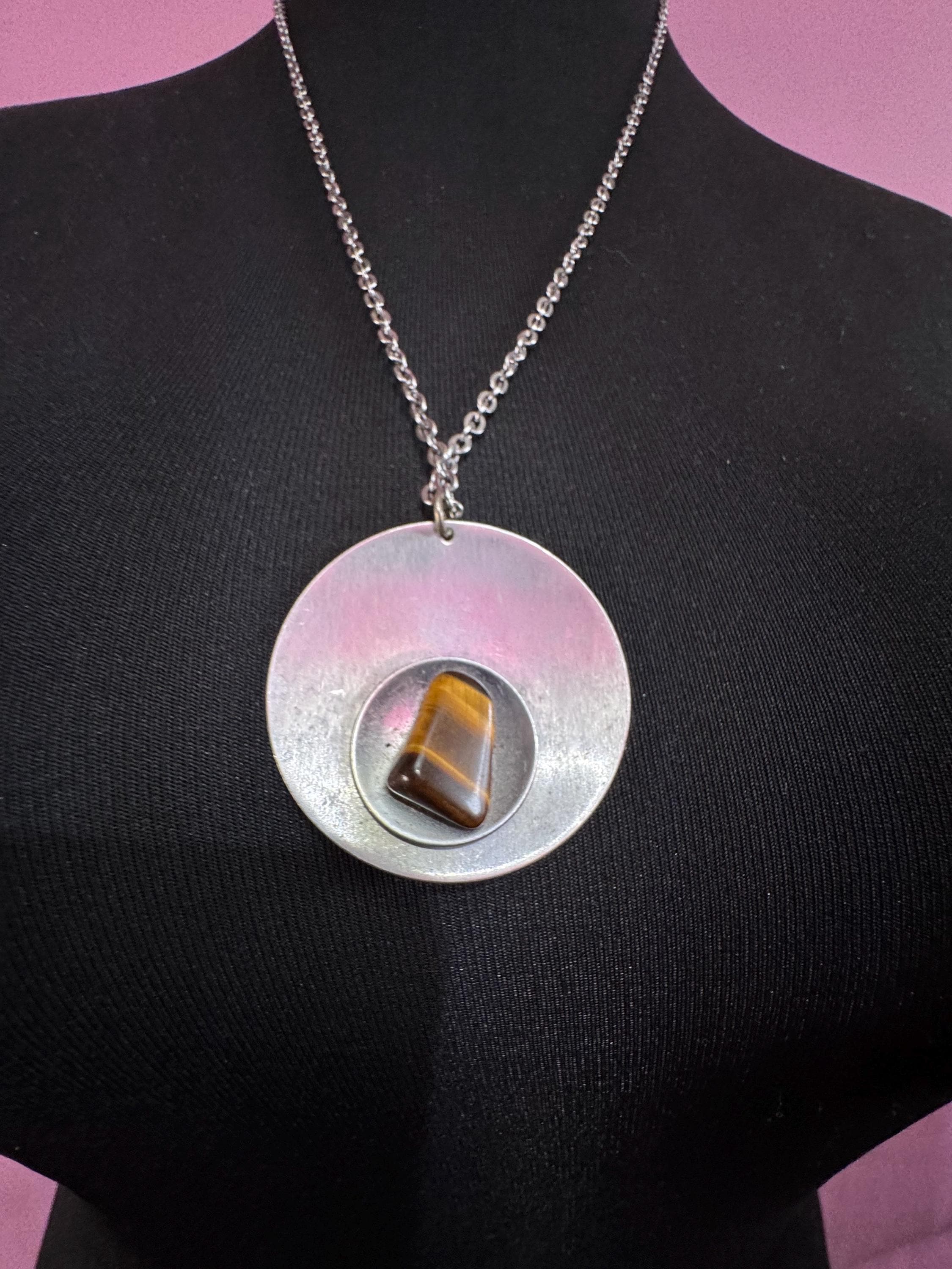 stainless steel tigerseye gemstone brown pendant necklace, Vintage 1970s