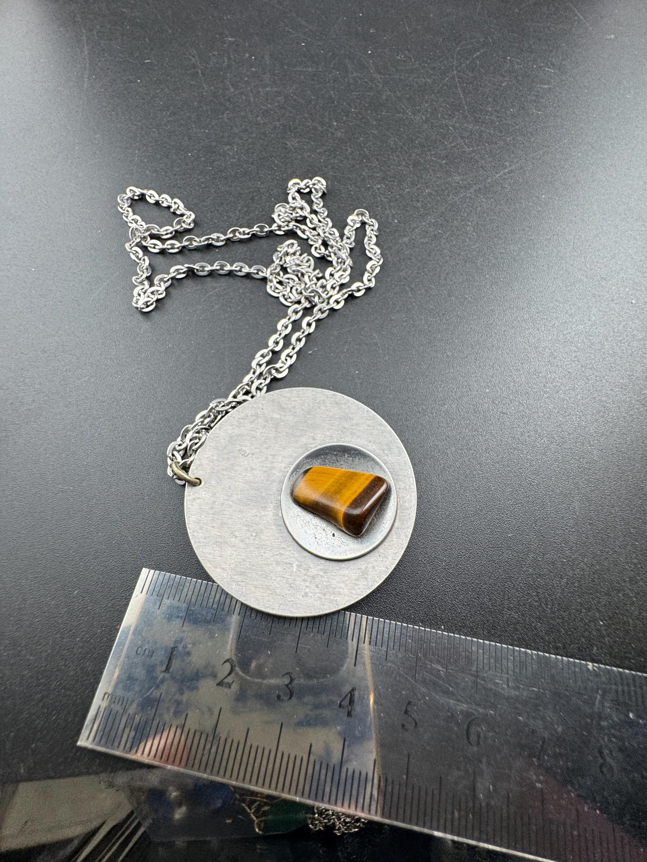 stainless steel tigerseye gemstone brown pendant necklace, Vintage 1970s