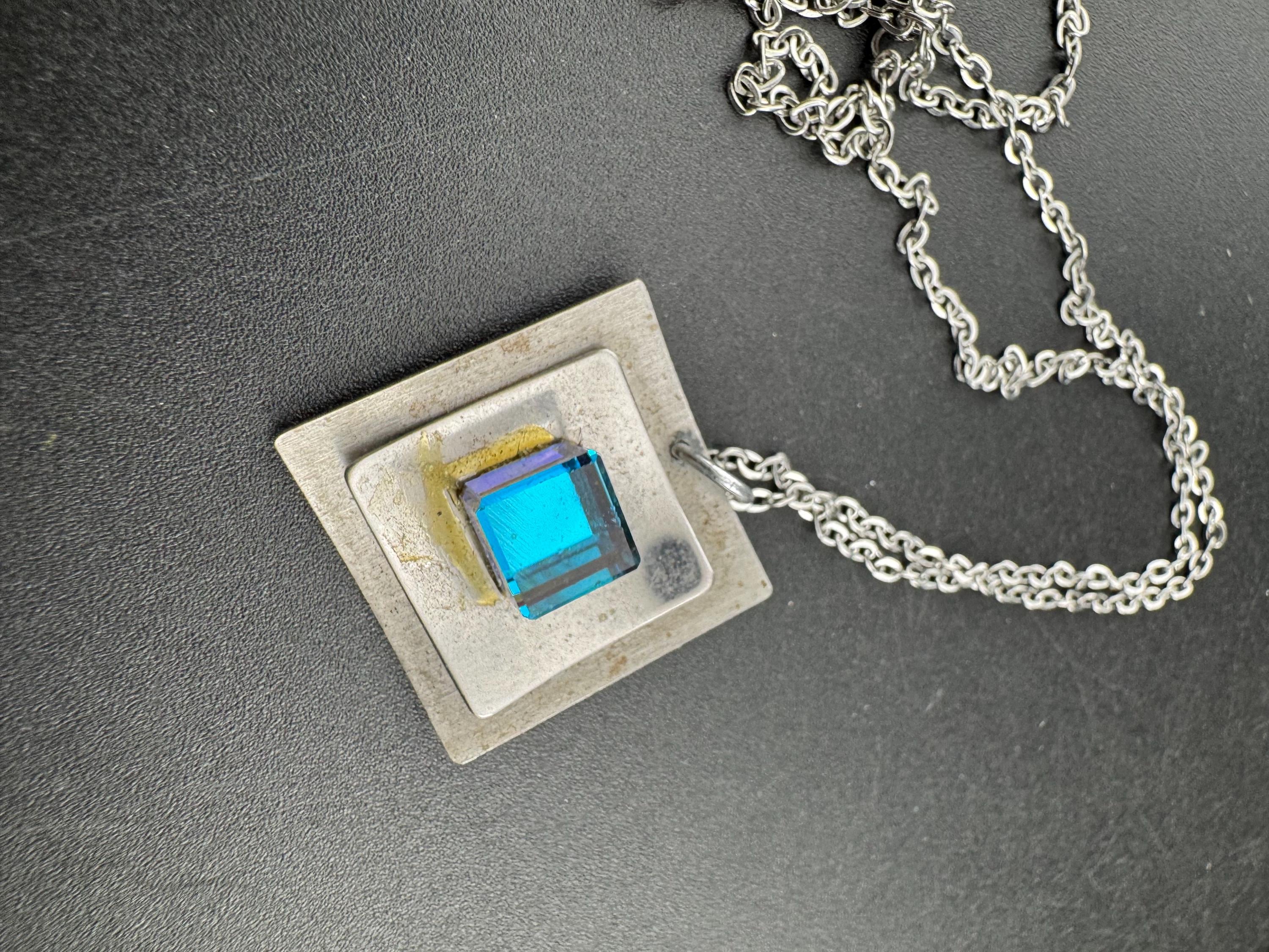 Signed stainless steel blue cube glass pendant necklace, Vintage 1970s