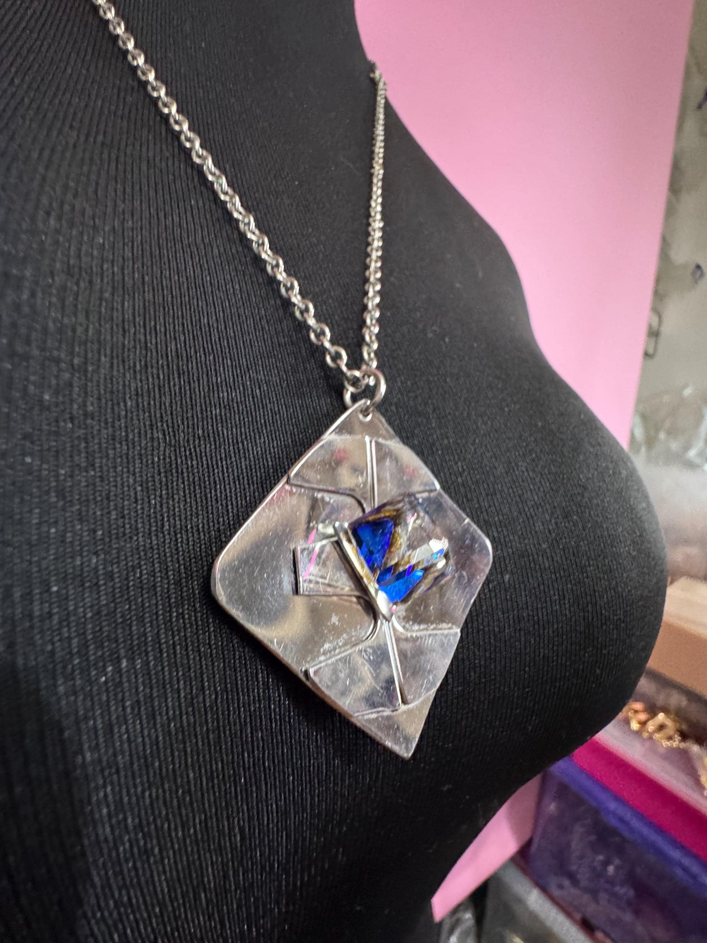 Signed stainless steel blue rainbow cube glass pendant necklace, Vintage 1970s