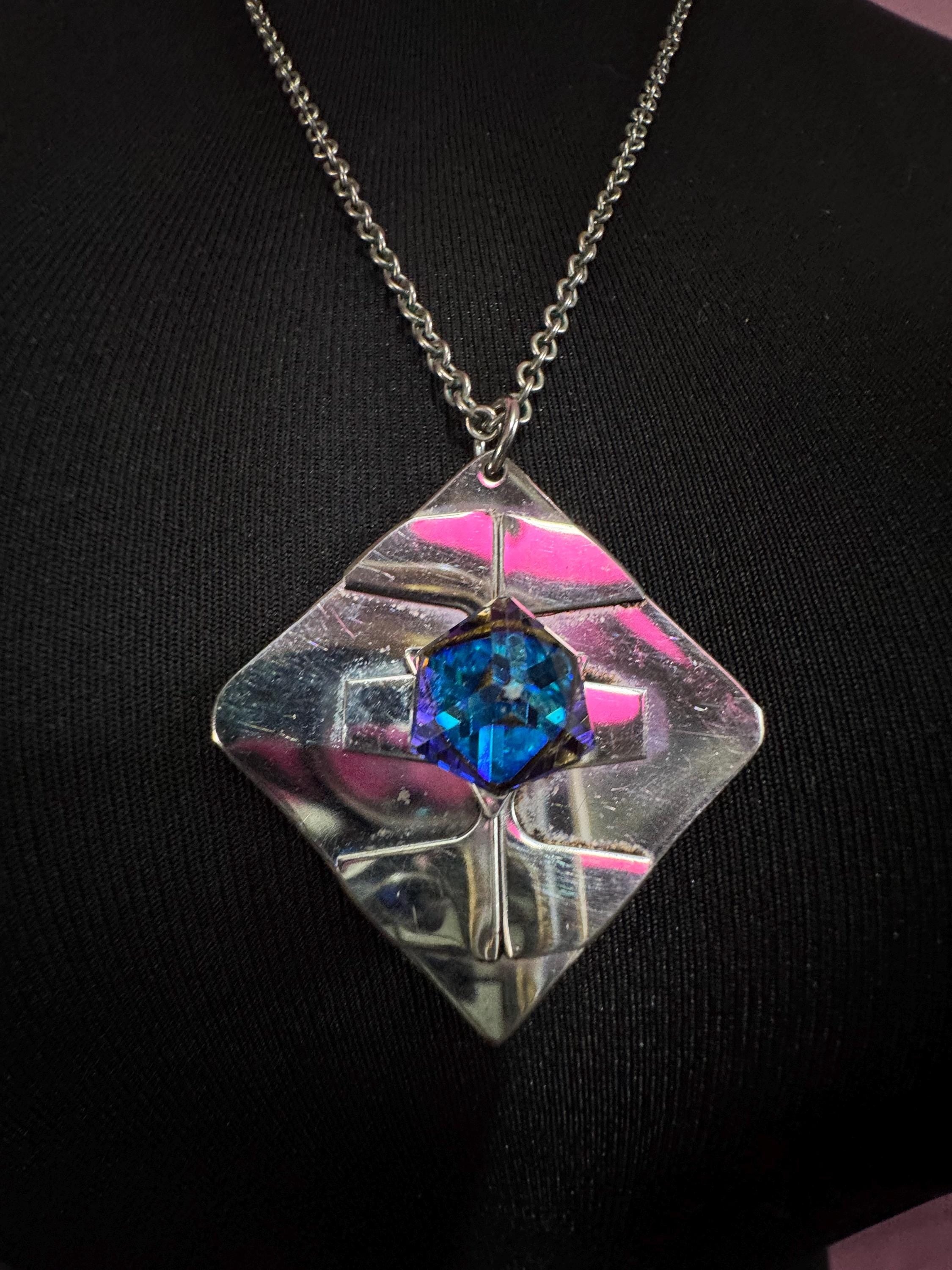 Signed stainless steel blue rainbow cube glass pendant necklace, Vintage 1970s