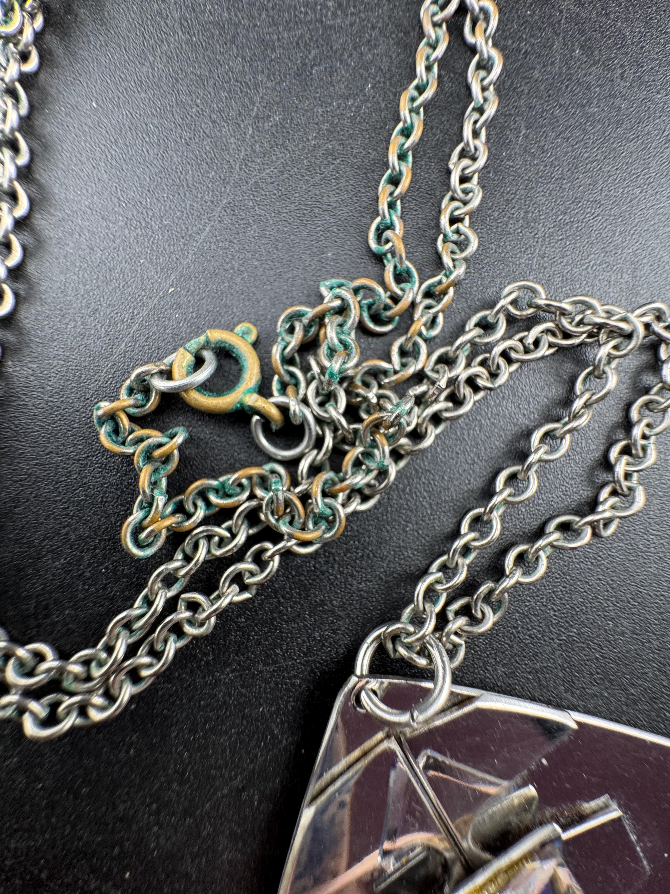 Signed stainless steel blue rainbow cube glass pendant necklace, Vintage 1970s