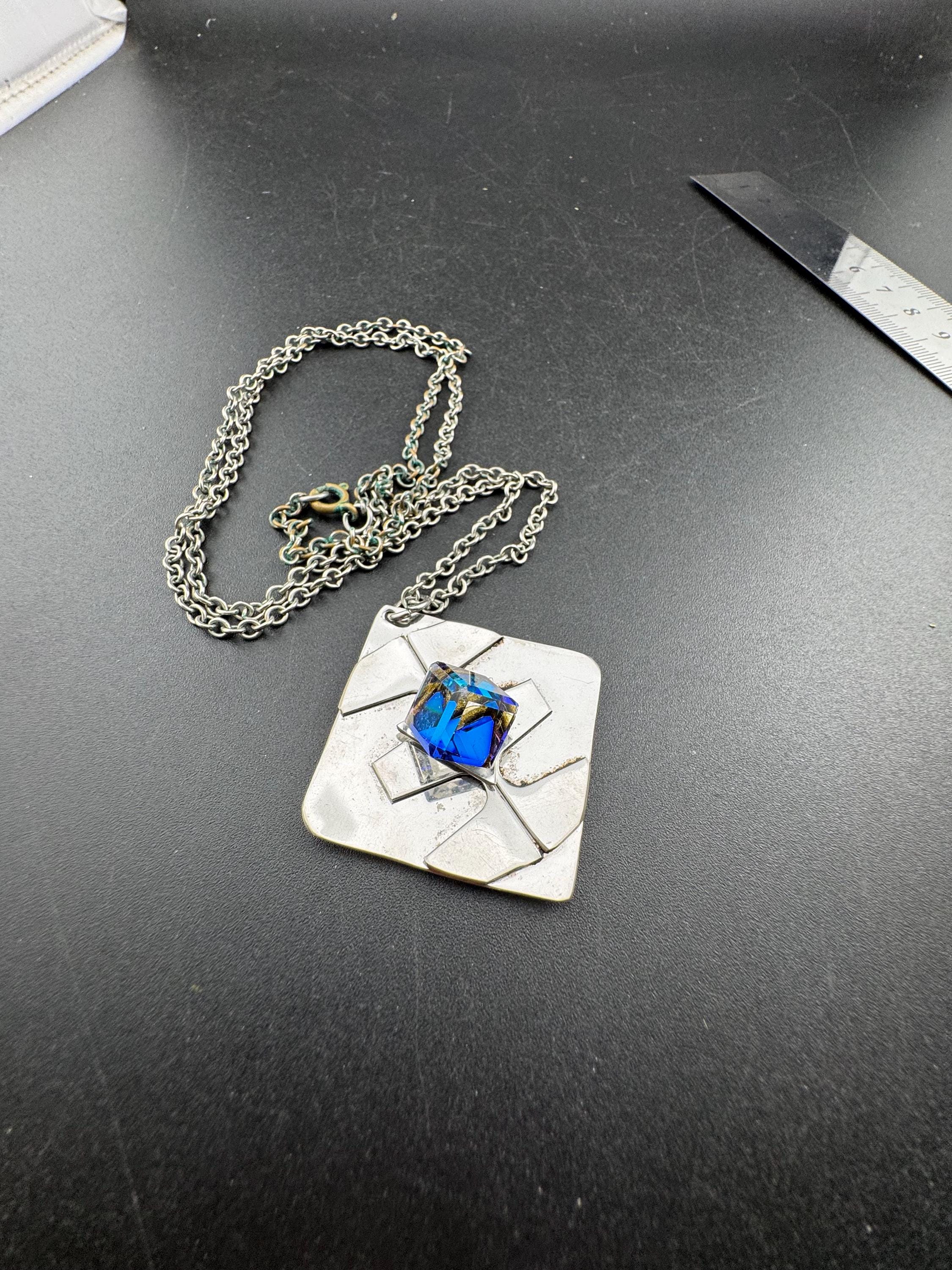 Signed stainless steel blue rainbow cube glass pendant necklace, Vintage 1970s