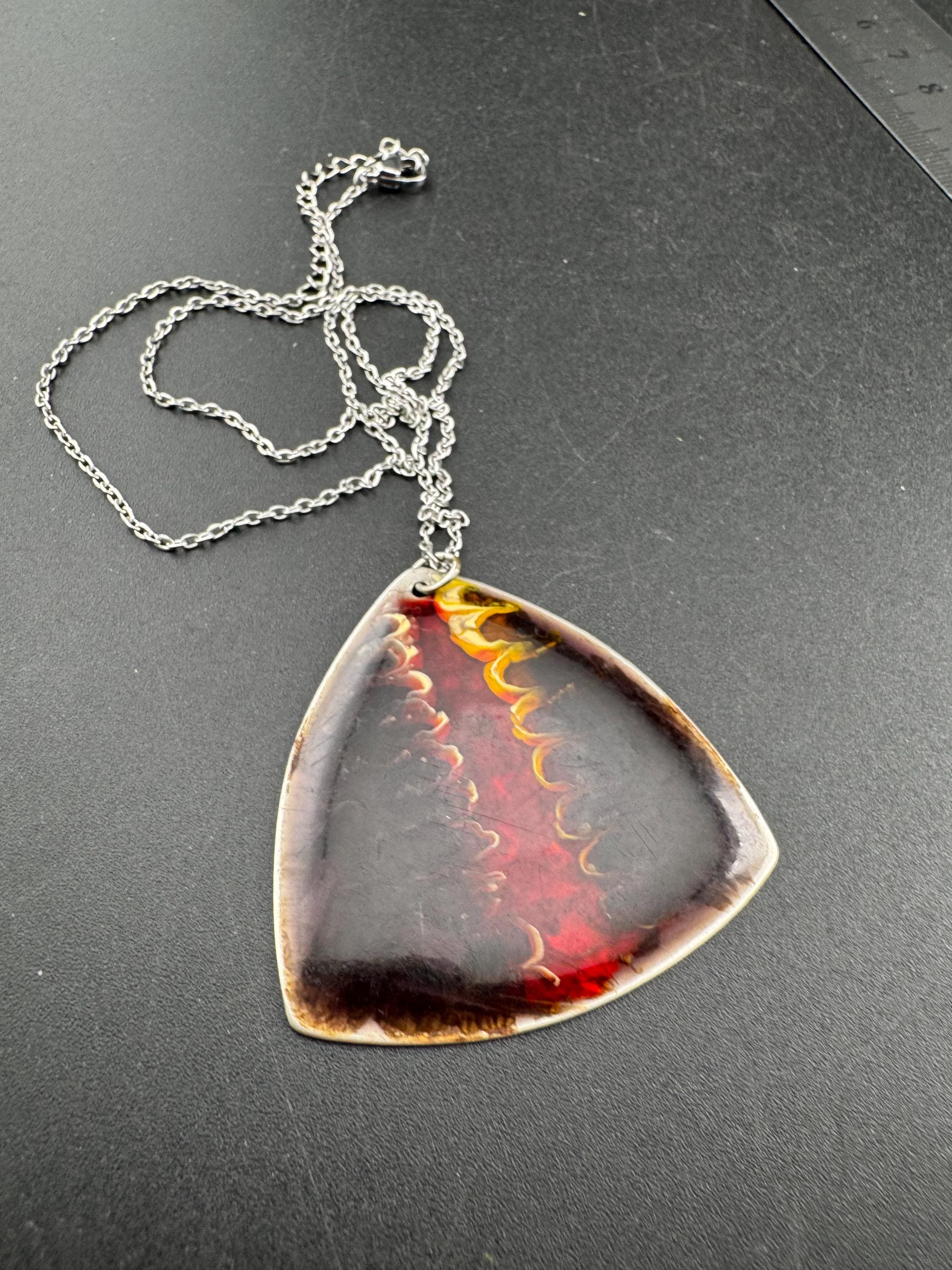 Signed Sheffield stainless brown enamel pendant necklace, Vintage 1970s