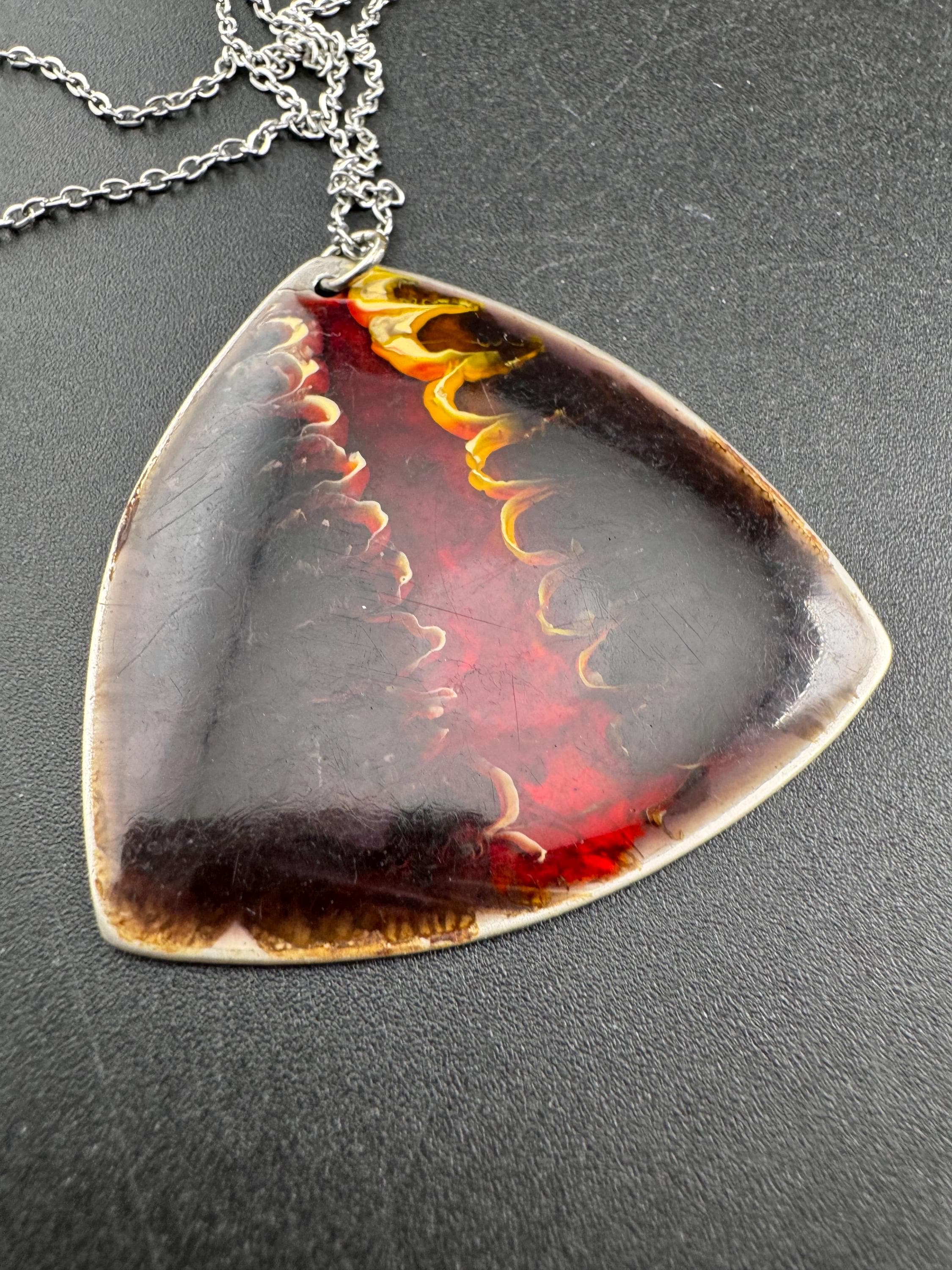 Signed Sheffield stainless brown enamel pendant necklace, Vintage 1970s