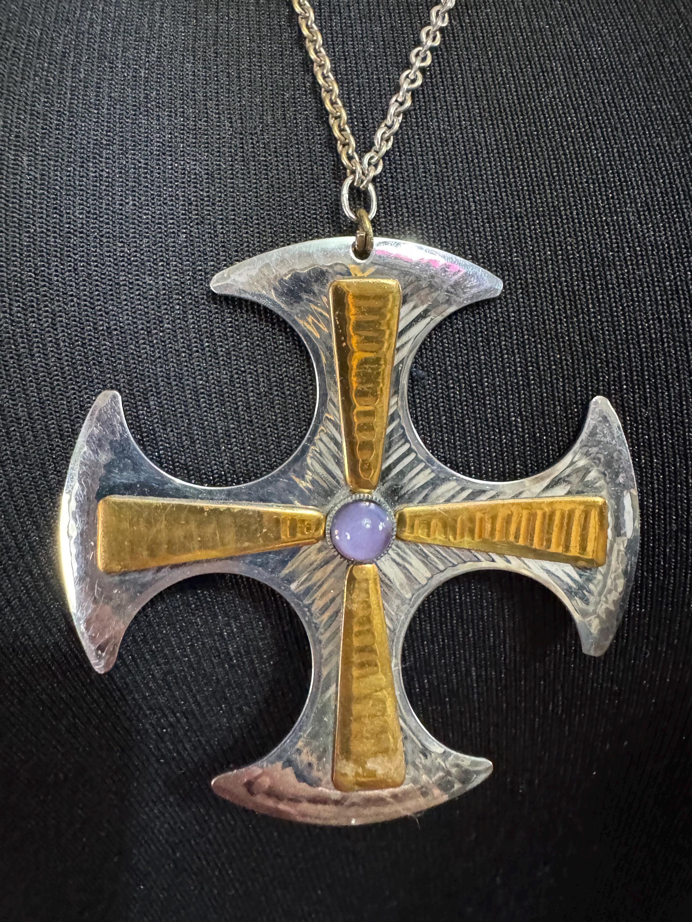 Signed MODA Maltese cross stainless steel purple gemstone pendant necklace 1970s