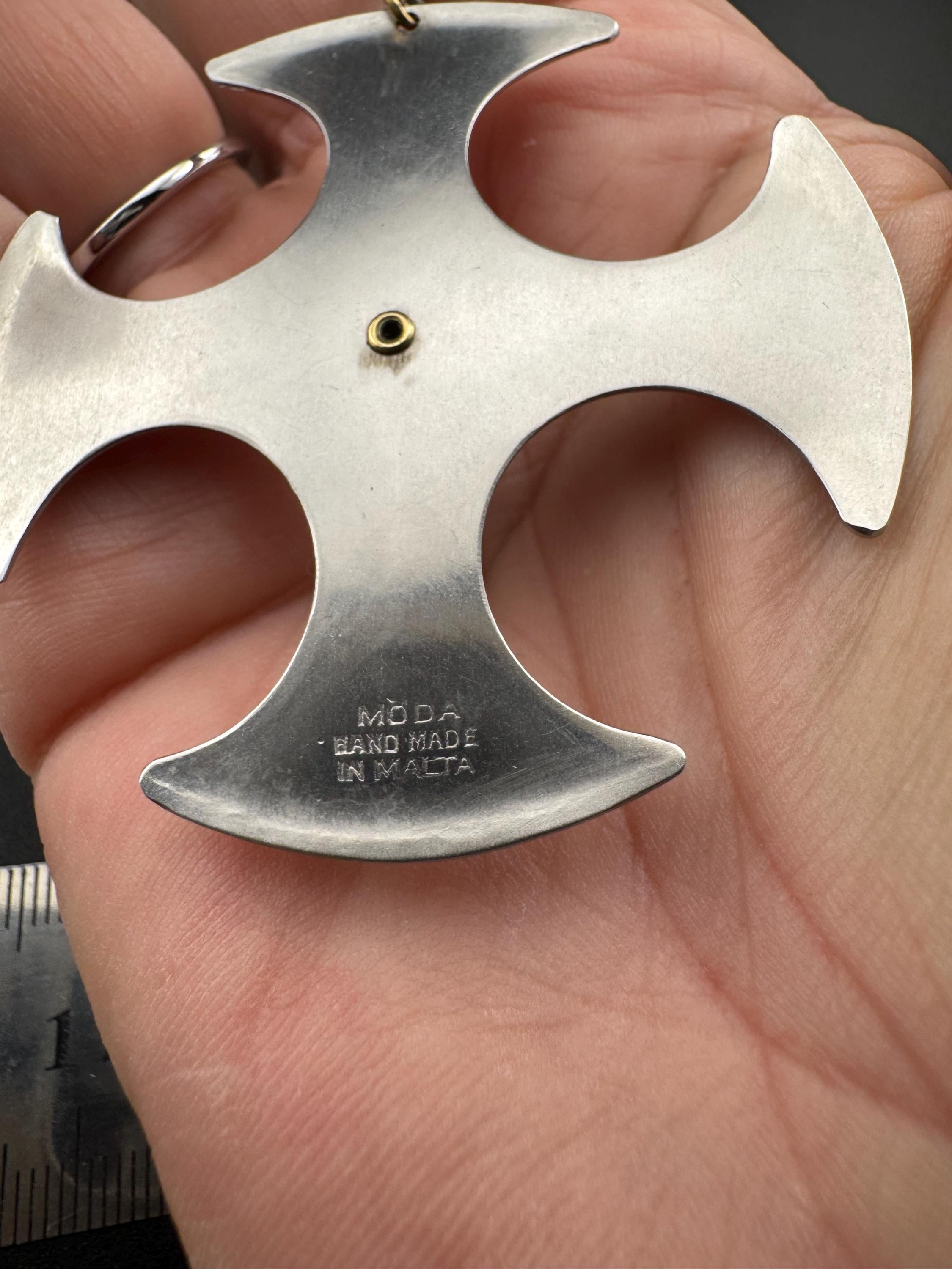 Signed MODA Maltese cross stainless steel purple gemstone pendant necklace 1970s