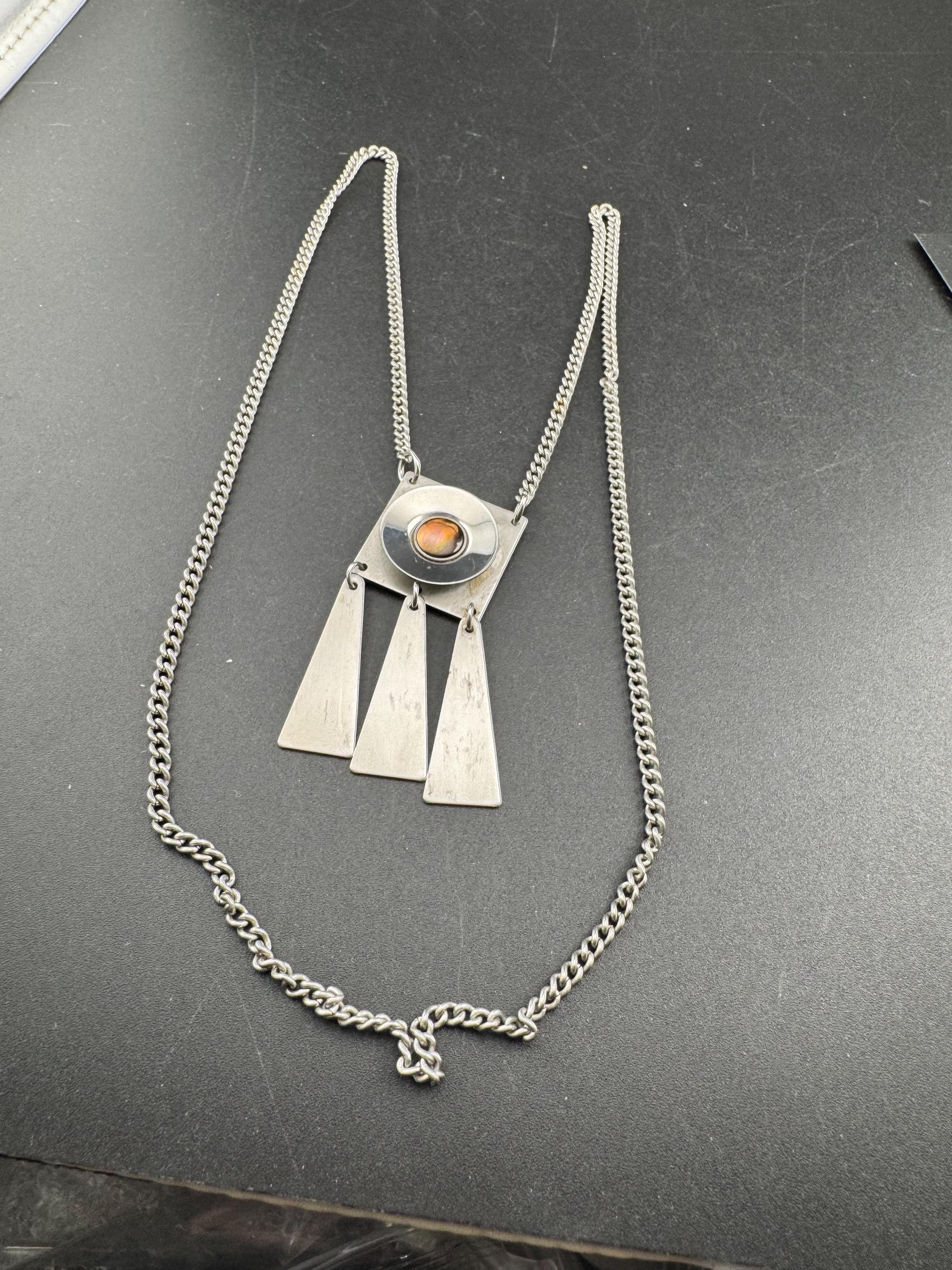 Signed stainless steel glass cabochon fringed pendant necklace, Vintage 1970s