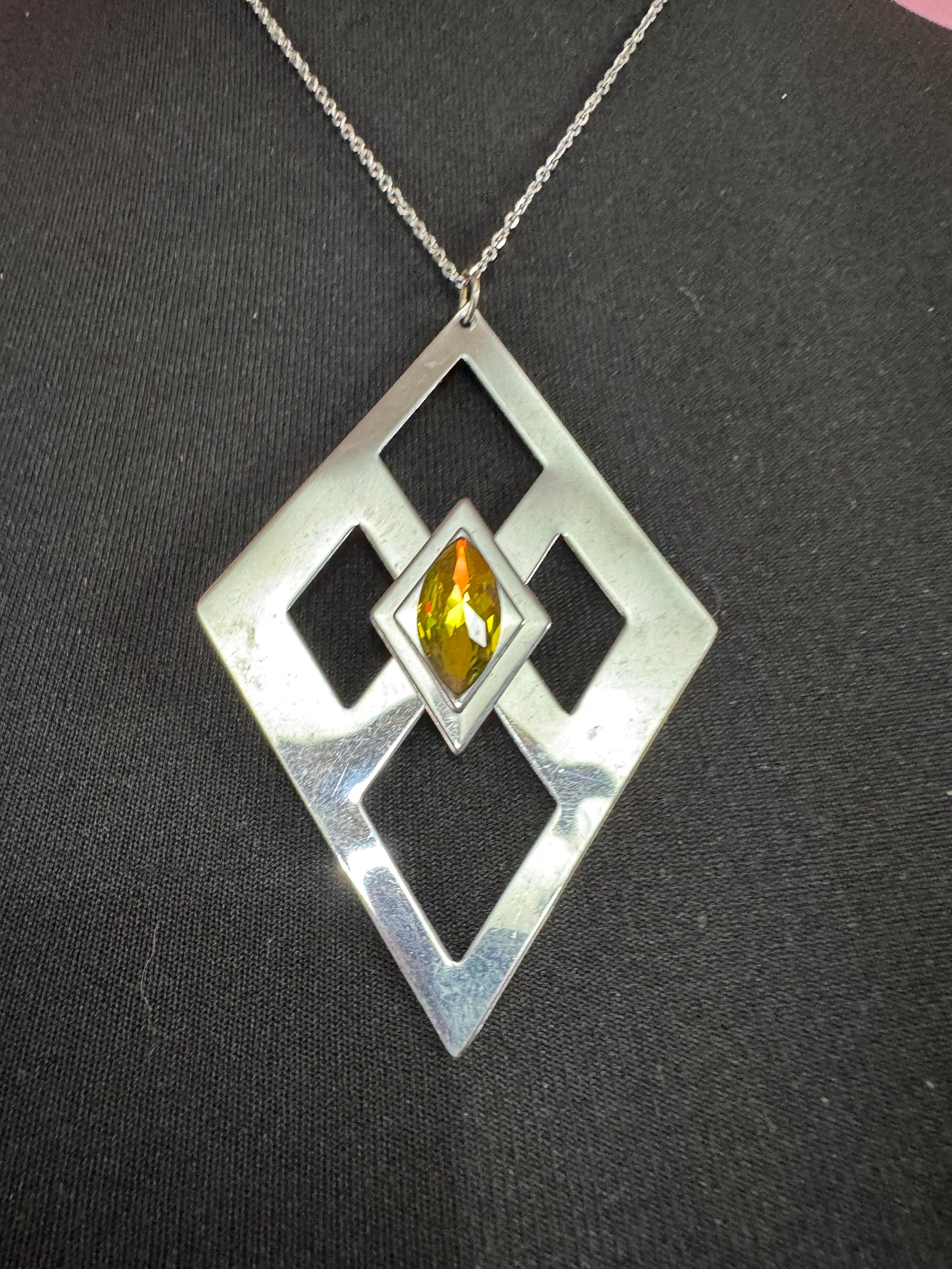 stainless steel pink glass cabochon pendant necklace, Vintage 1970s