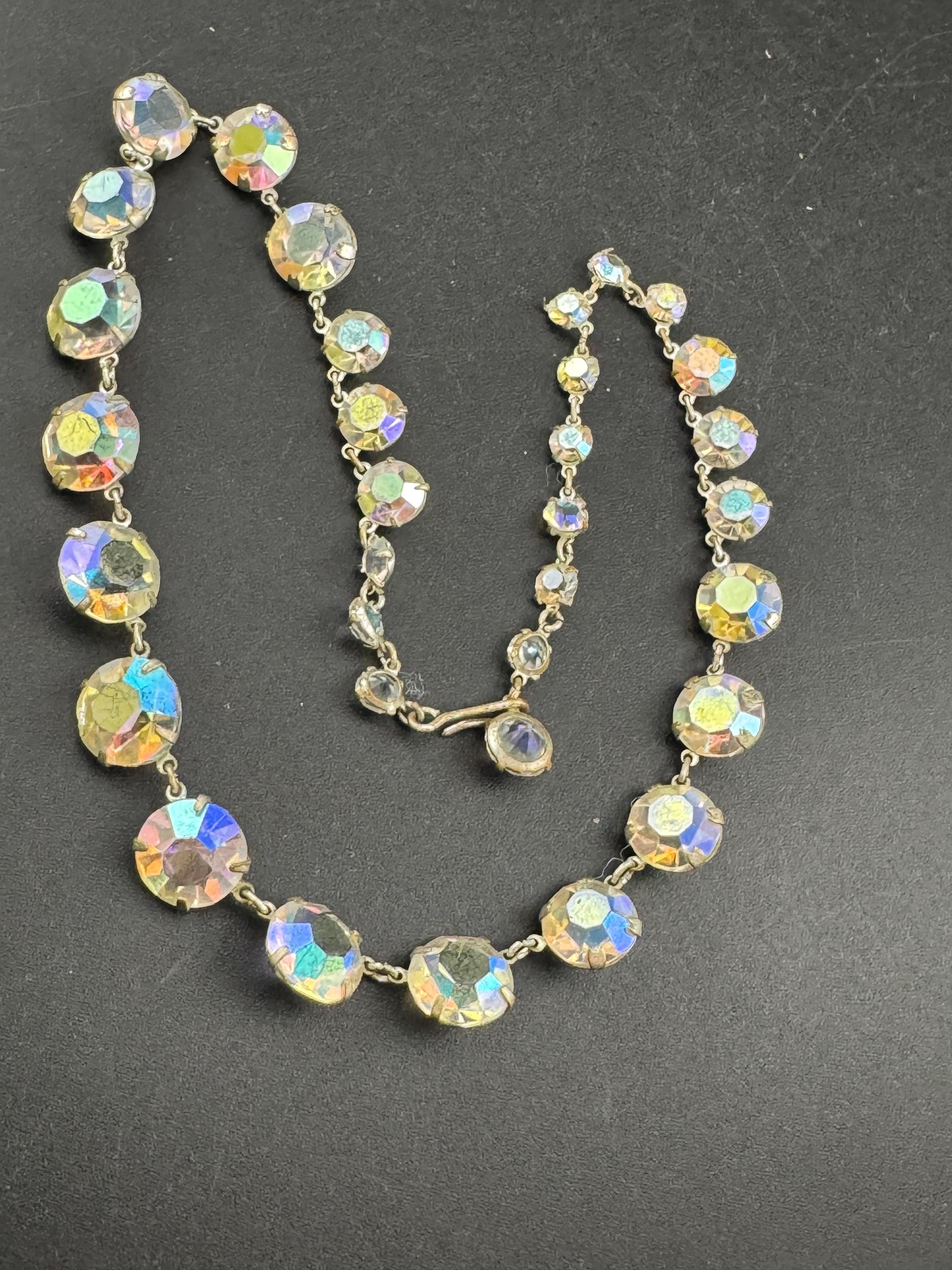 Vintage Aurora Borealis Glass Necklace: Rainbow Crystal Rivère, 1950s