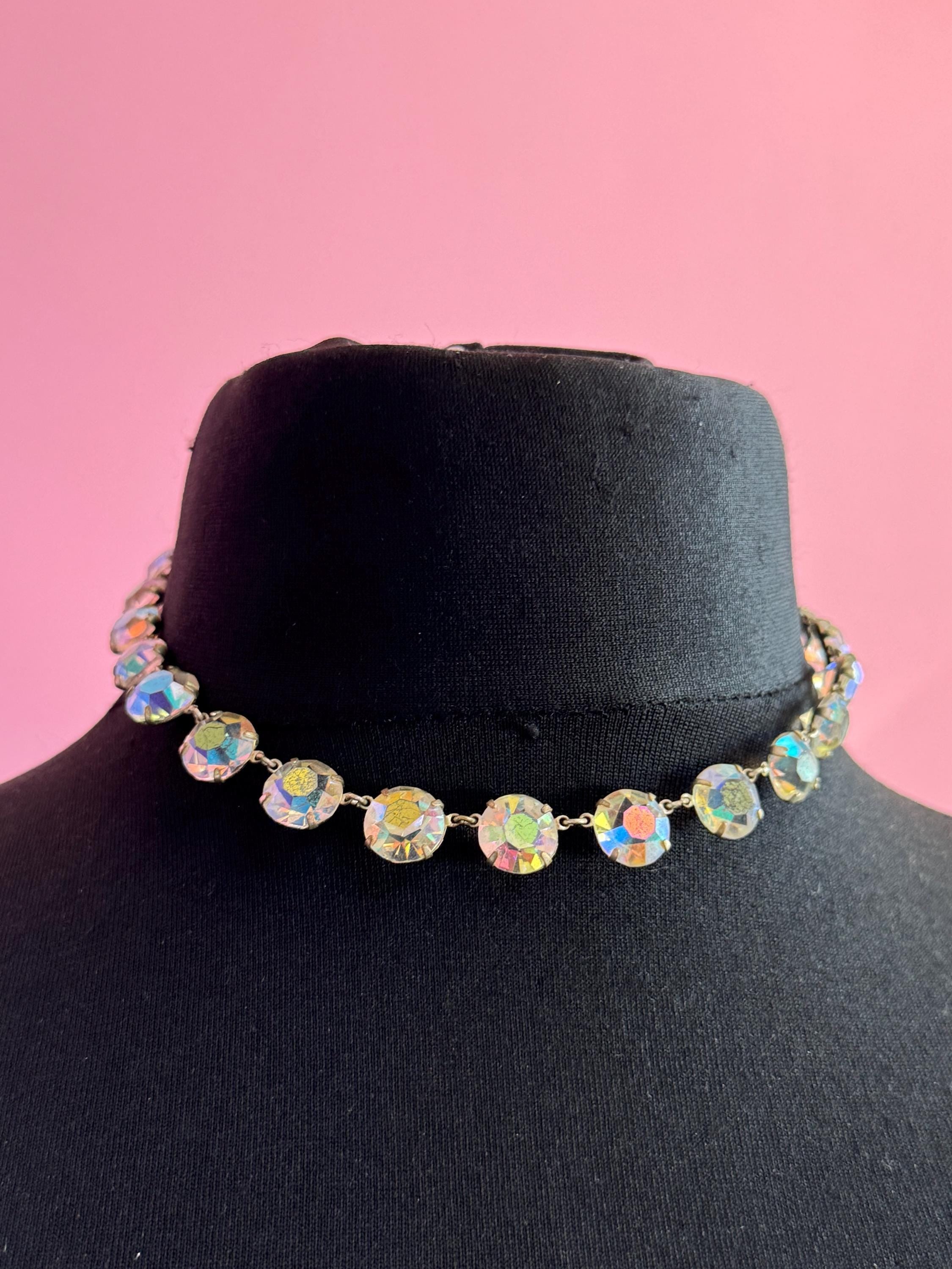 Vintage Aurora Borealis Glass Necklace: Rainbow Crystal Rivère, 1950s