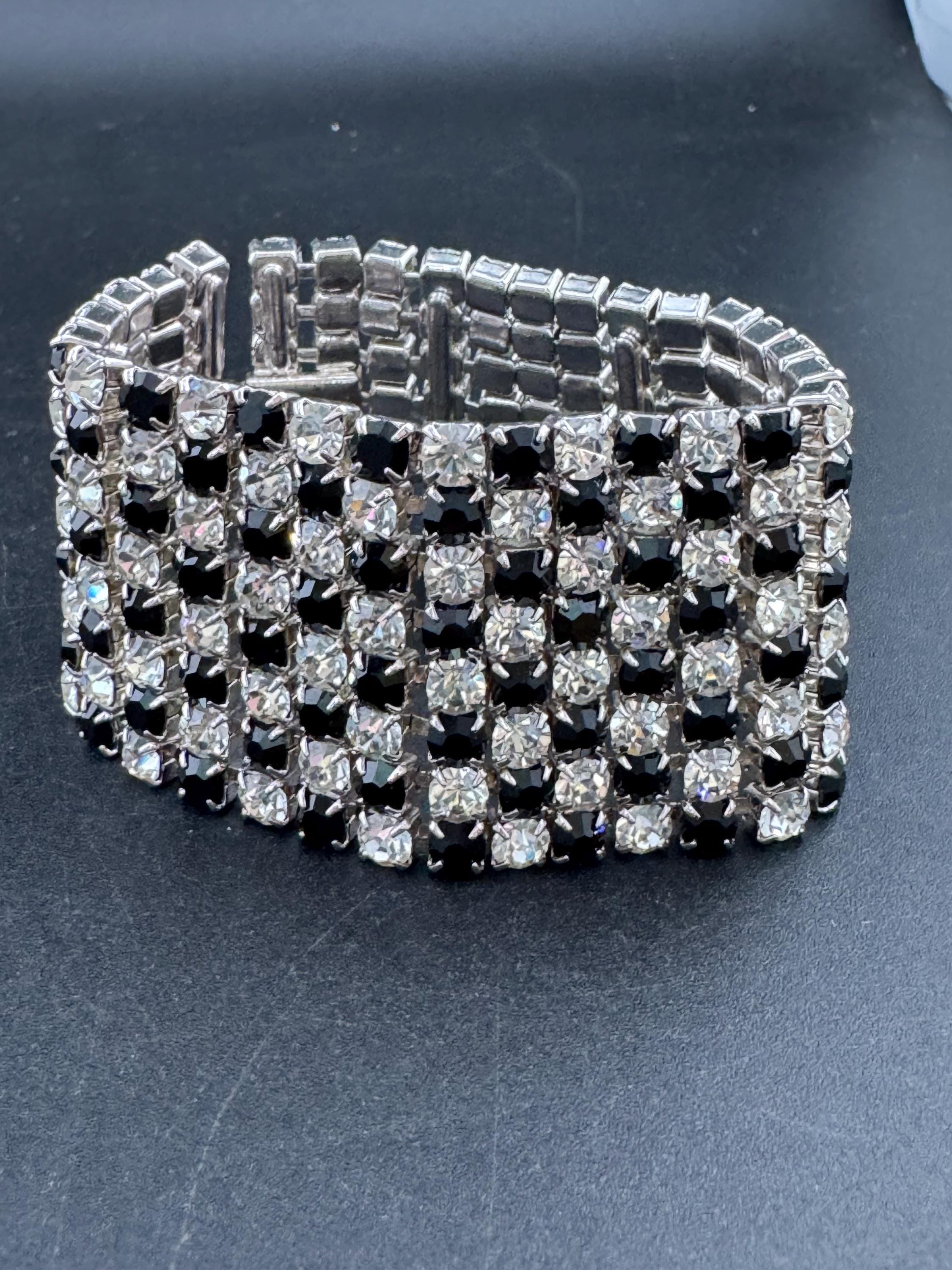 Vintage wide black and clear rhinestone bracelet, monochrome