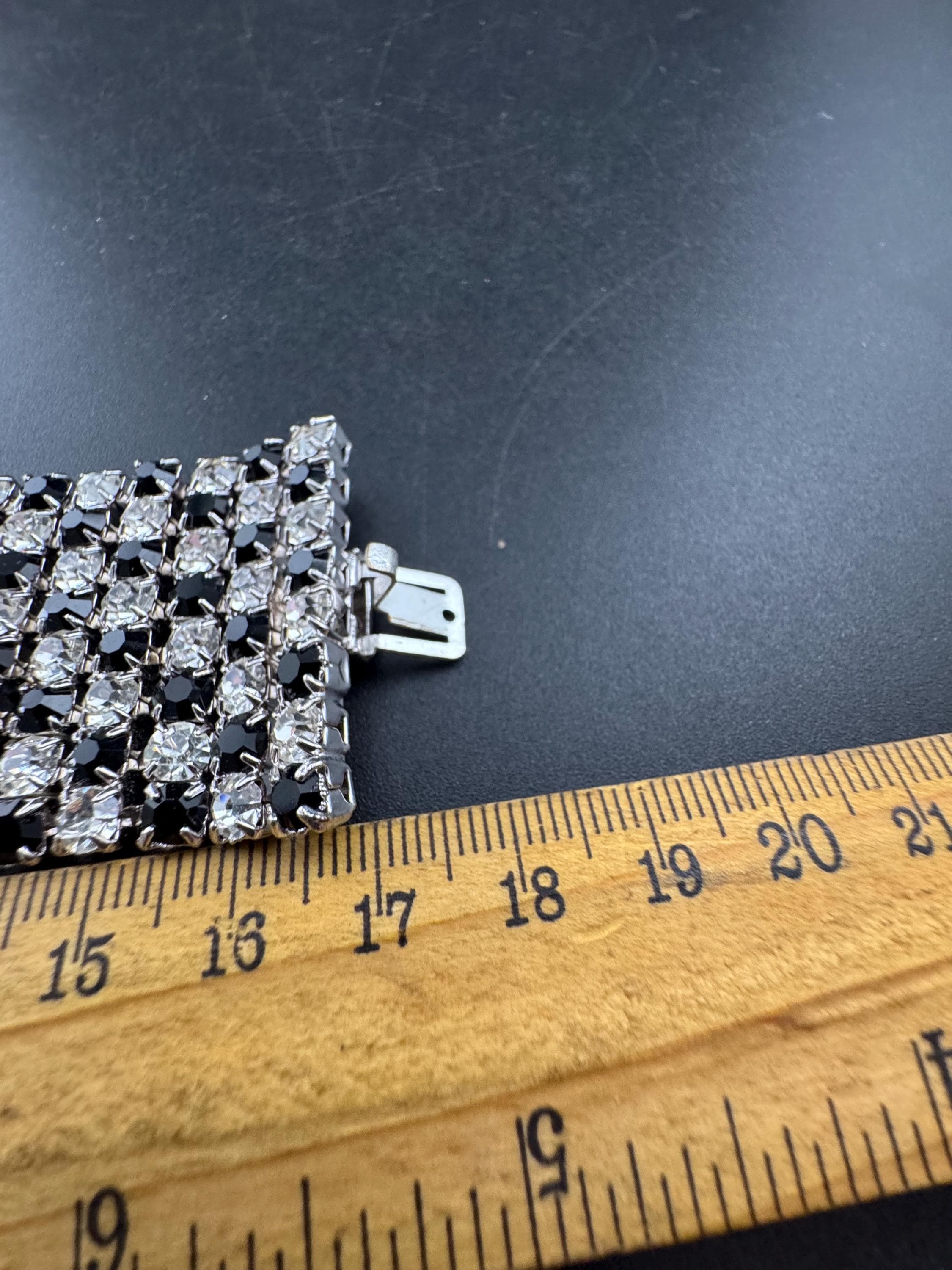 Vintage wide black and clear rhinestone bracelet, monochrome