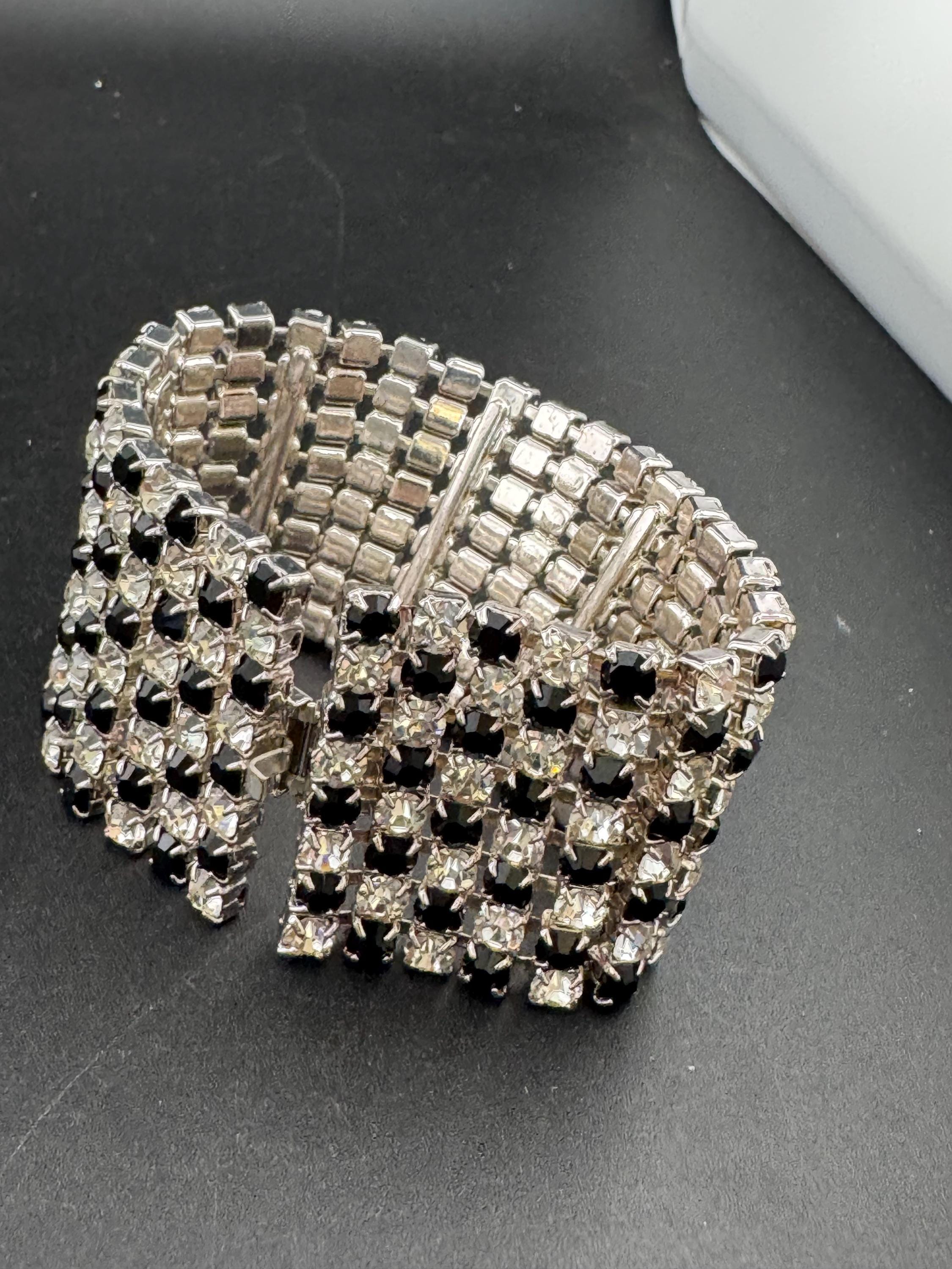 Vintage wide black and clear rhinestone bracelet, monochrome