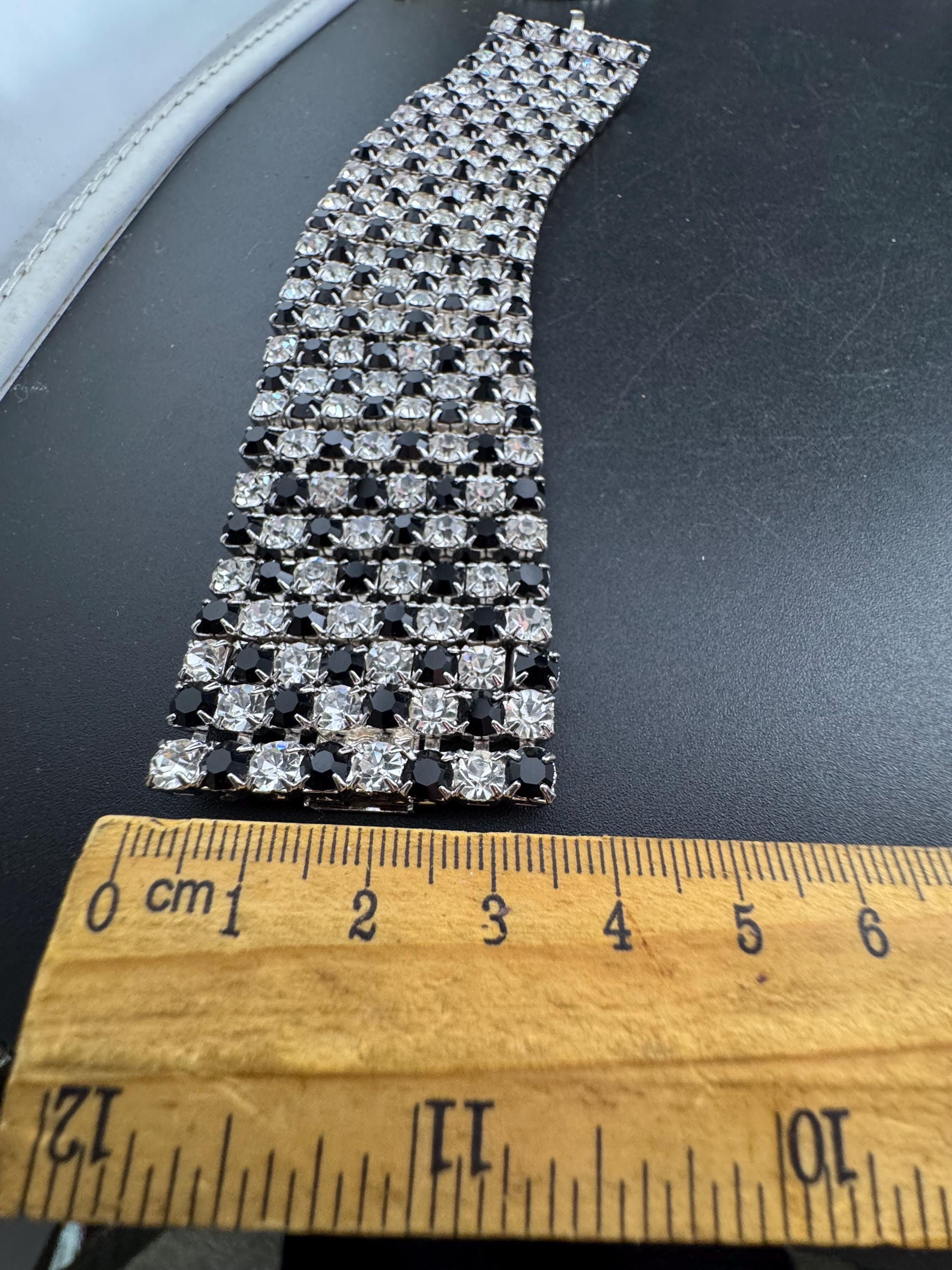 Vintage wide black and clear rhinestone bracelet, monochrome