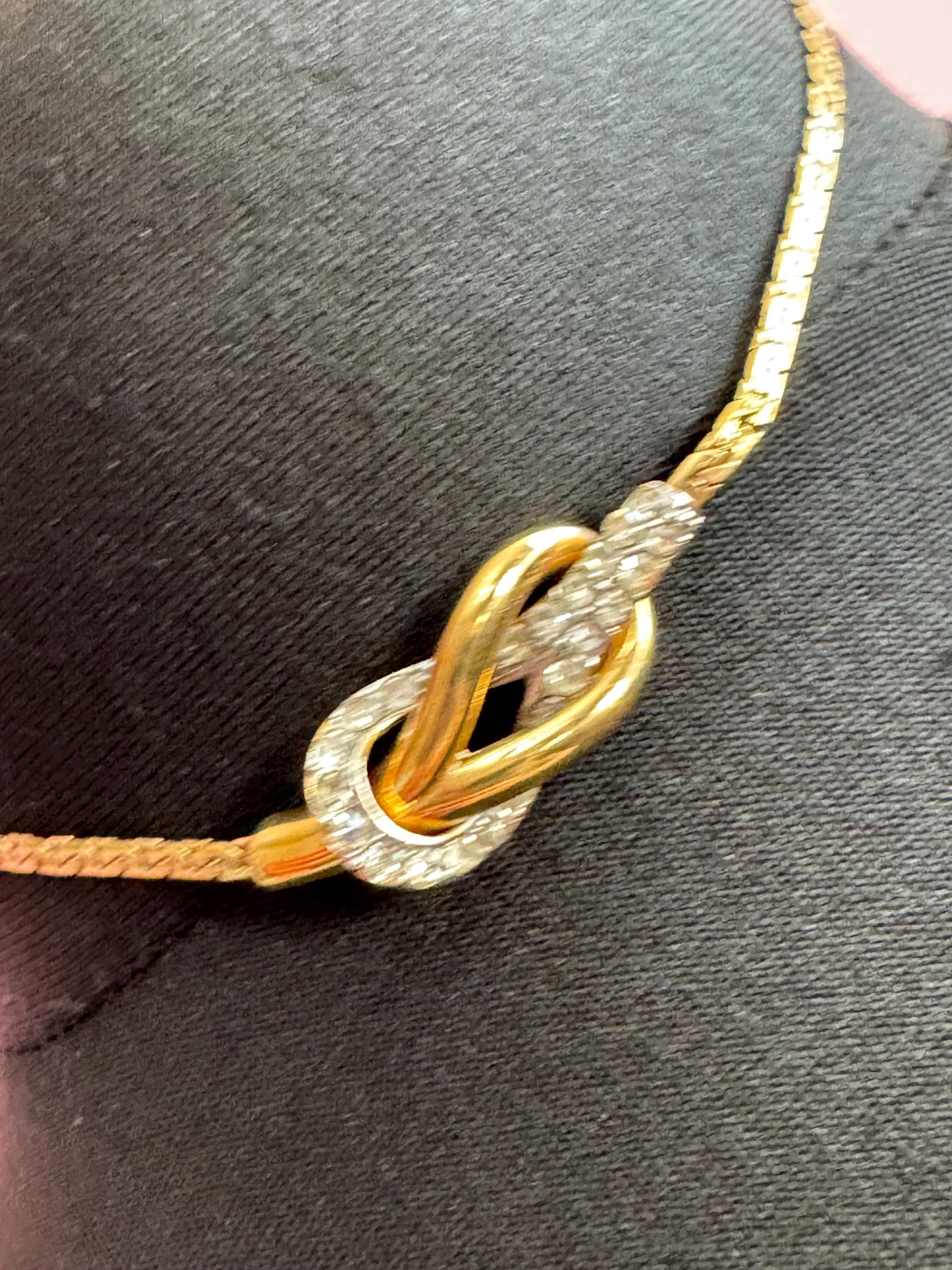 Vintage signed Swarovski crystal gold plated knot chain necklace, petite slim fit