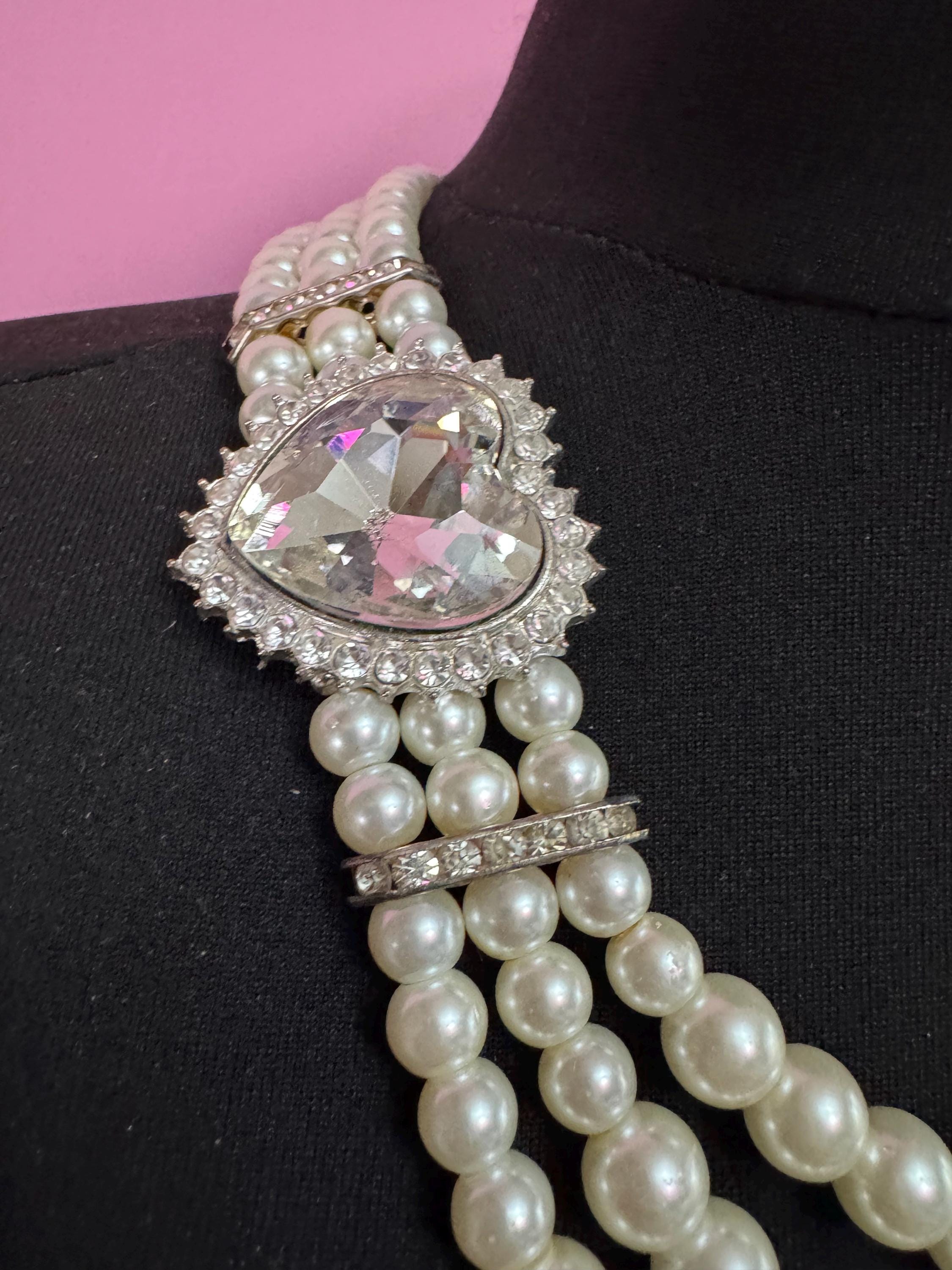 Vintage Triple Strand Pearl Choker Necklace: Diamante heart Clasp, Party Jewellery