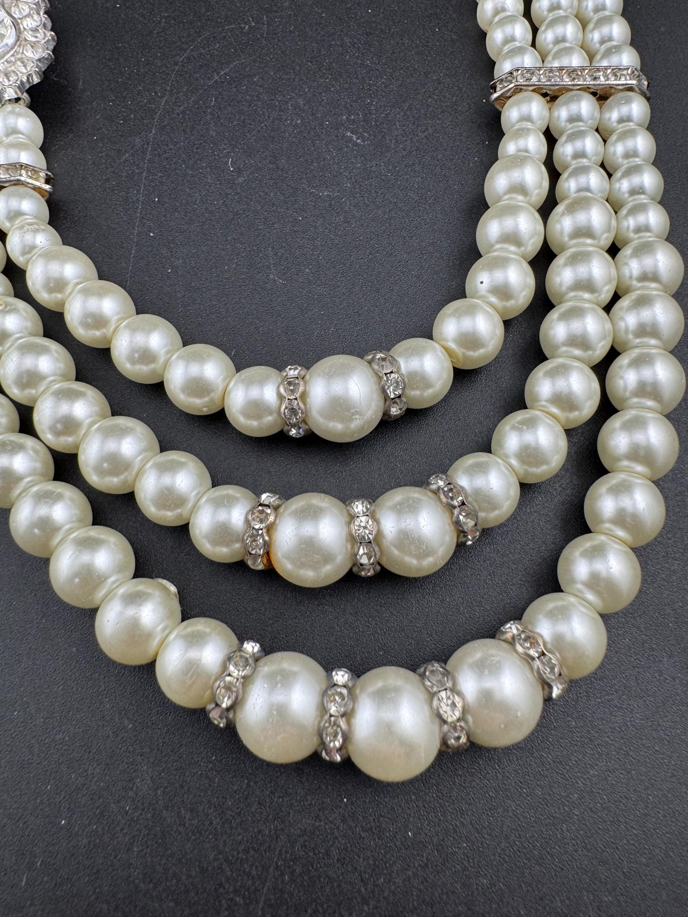 Vintage Triple Strand Pearl Choker Necklace: Diamante heart Clasp, Party Jewellery