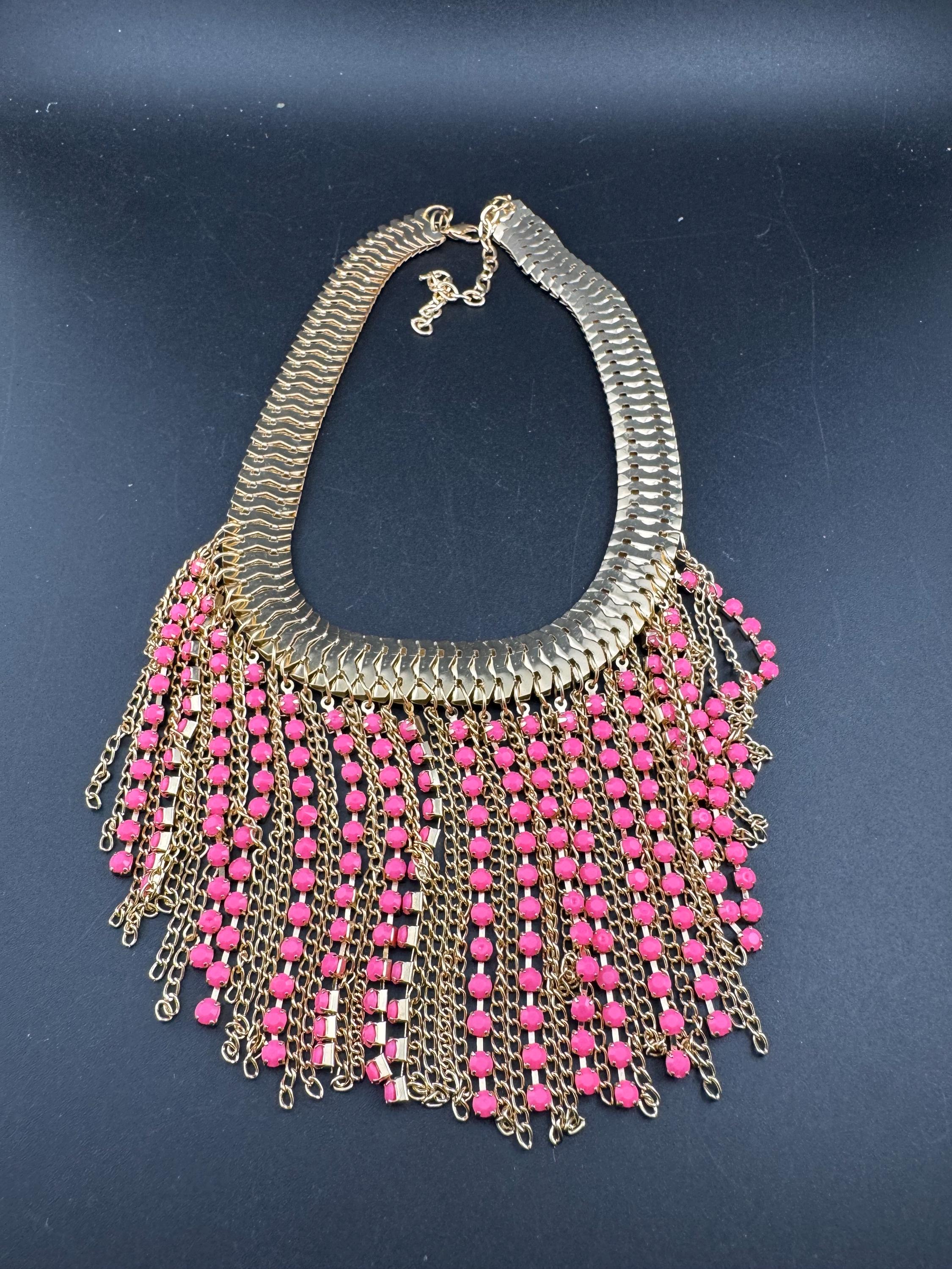 Bright pink diamanté bib necklace, retro gold tone
