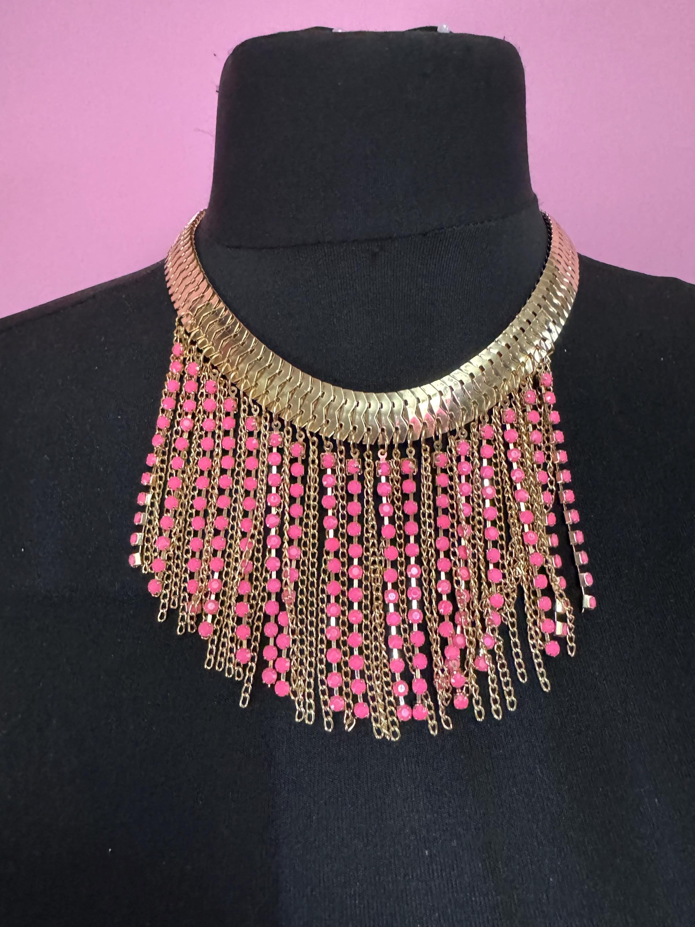 Bright pink diamanté bib necklace, retro gold tone