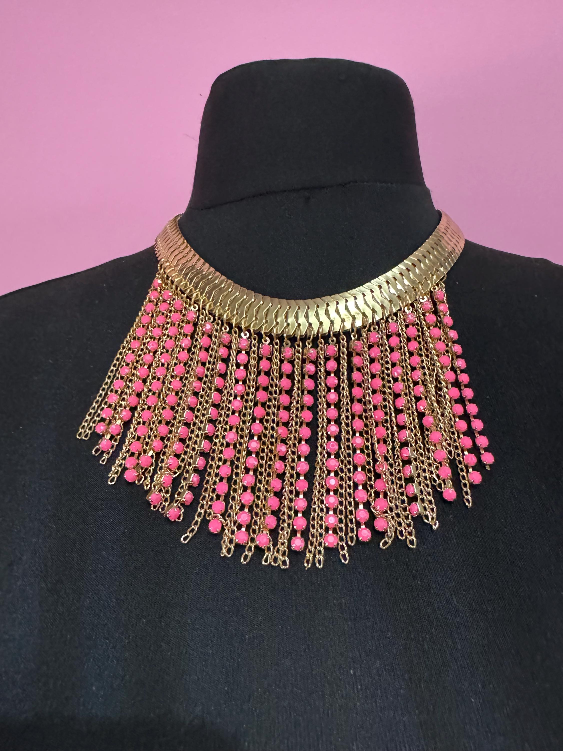 Bright pink diamanté bib necklace, retro gold tone