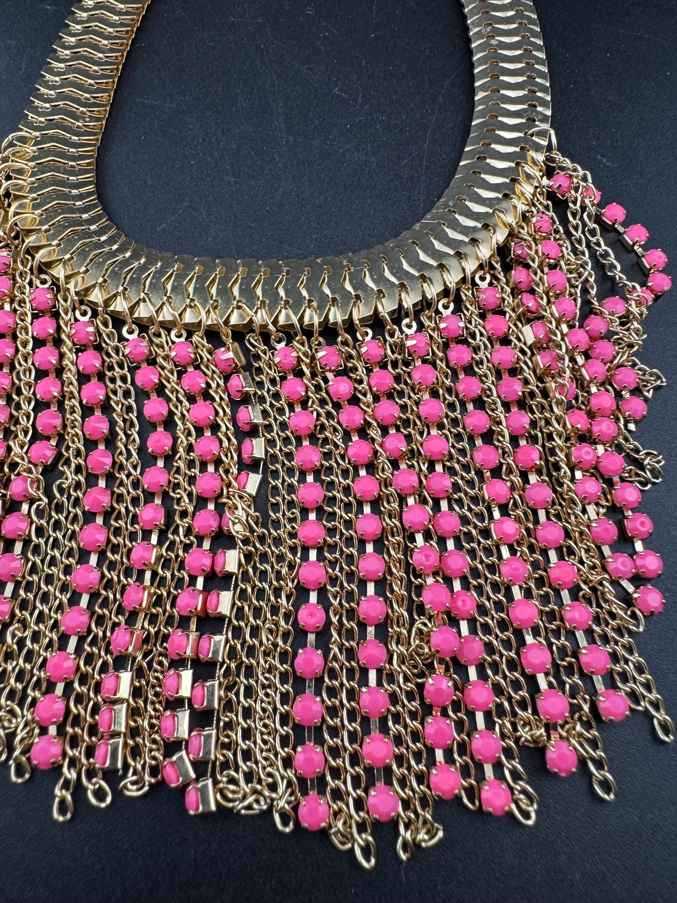 Bright pink diamanté bib necklace, retro gold tone