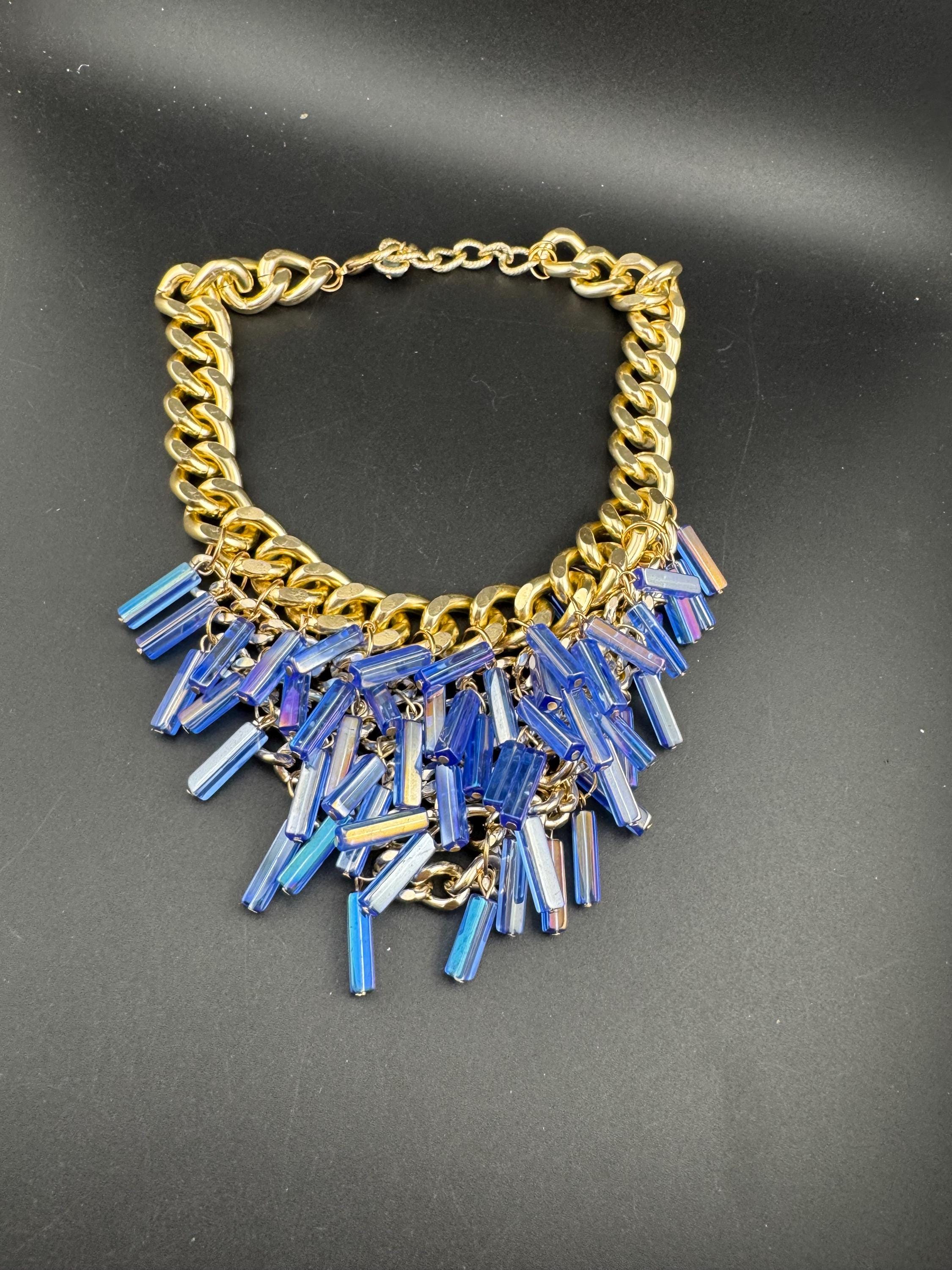 Oversized gold and blue glass beaded choker necklace, retro bib curb chain