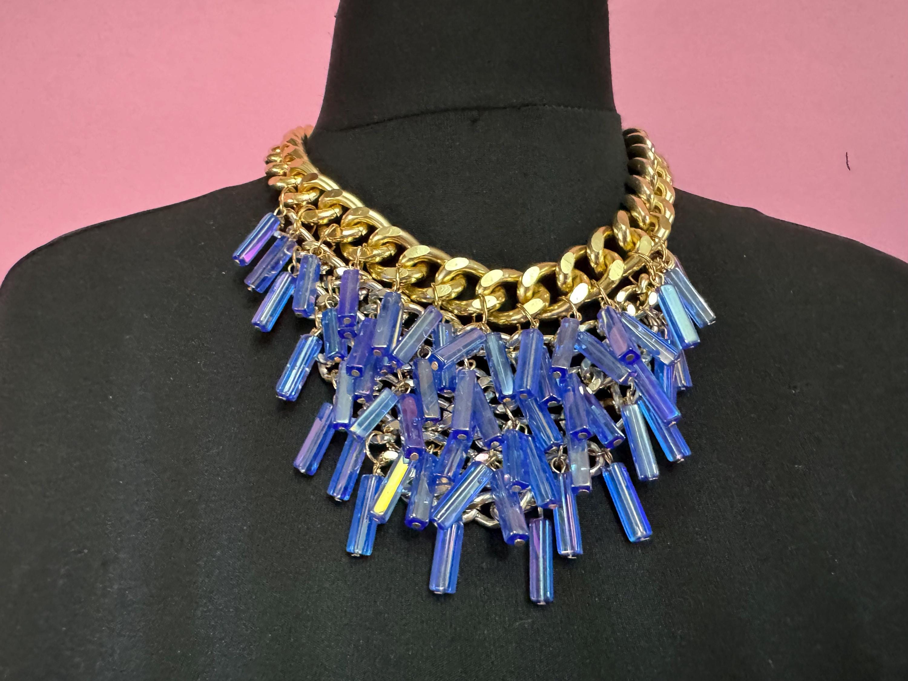 Oversized gold and blue glass beaded choker necklace, retro bib curb chain