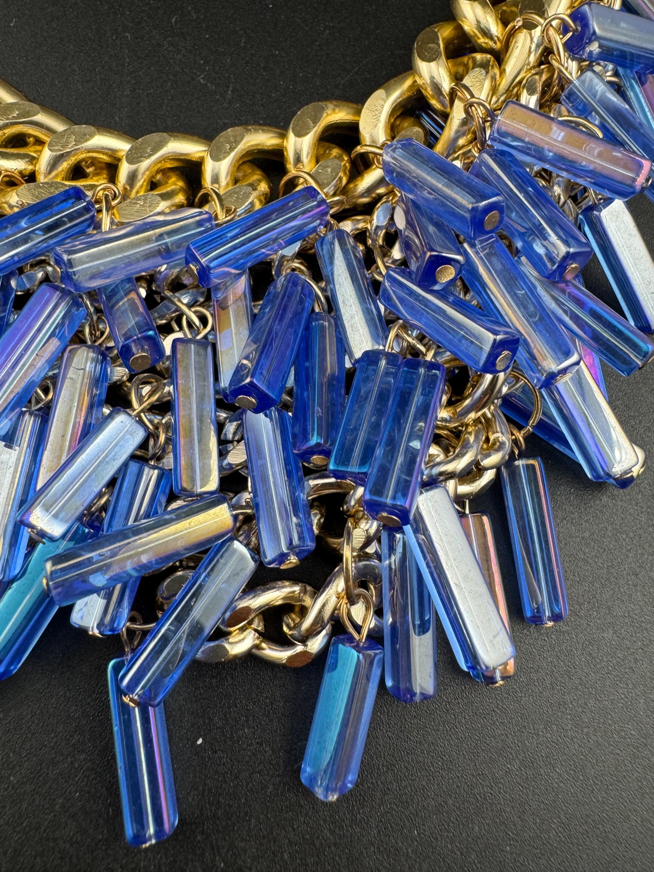 Oversized gold and blue glass beaded choker necklace, retro bib curb chain