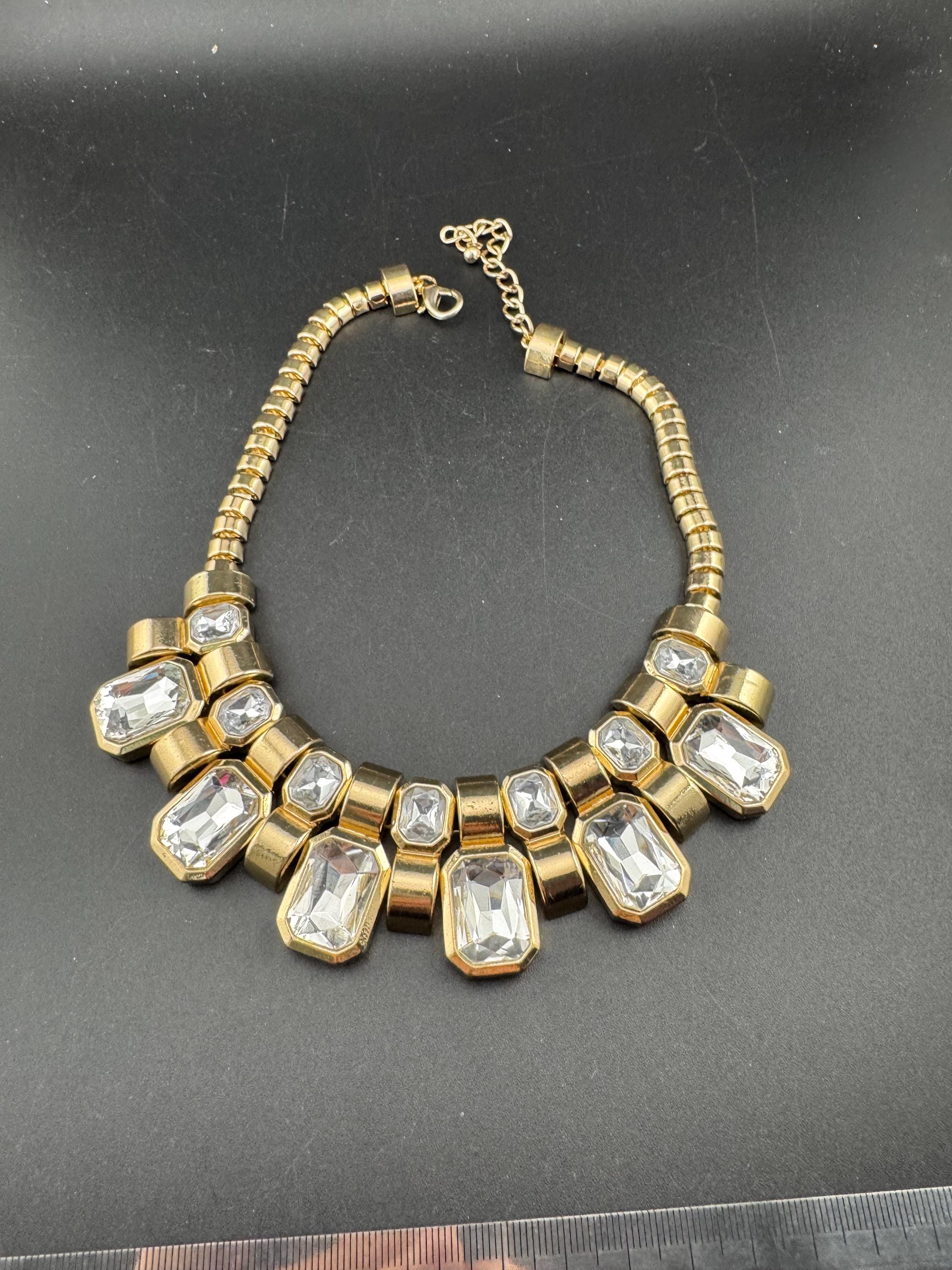 Vintage clear diamanté octagonal choker, rhinestone gold tone necklace