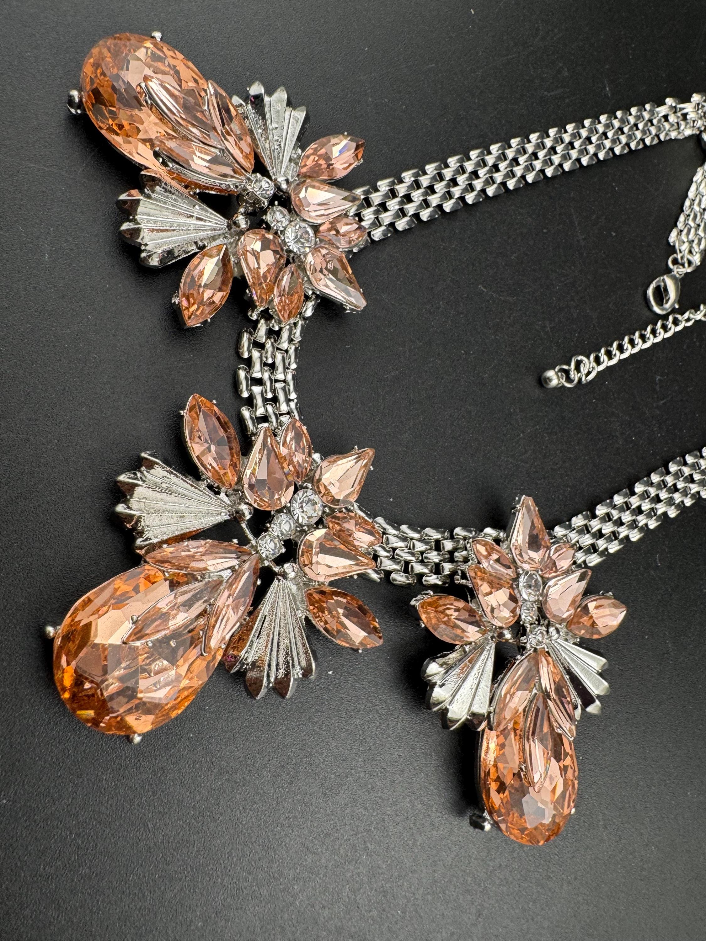 Peach rhinestone oversized panther link choker, silver tone necklace