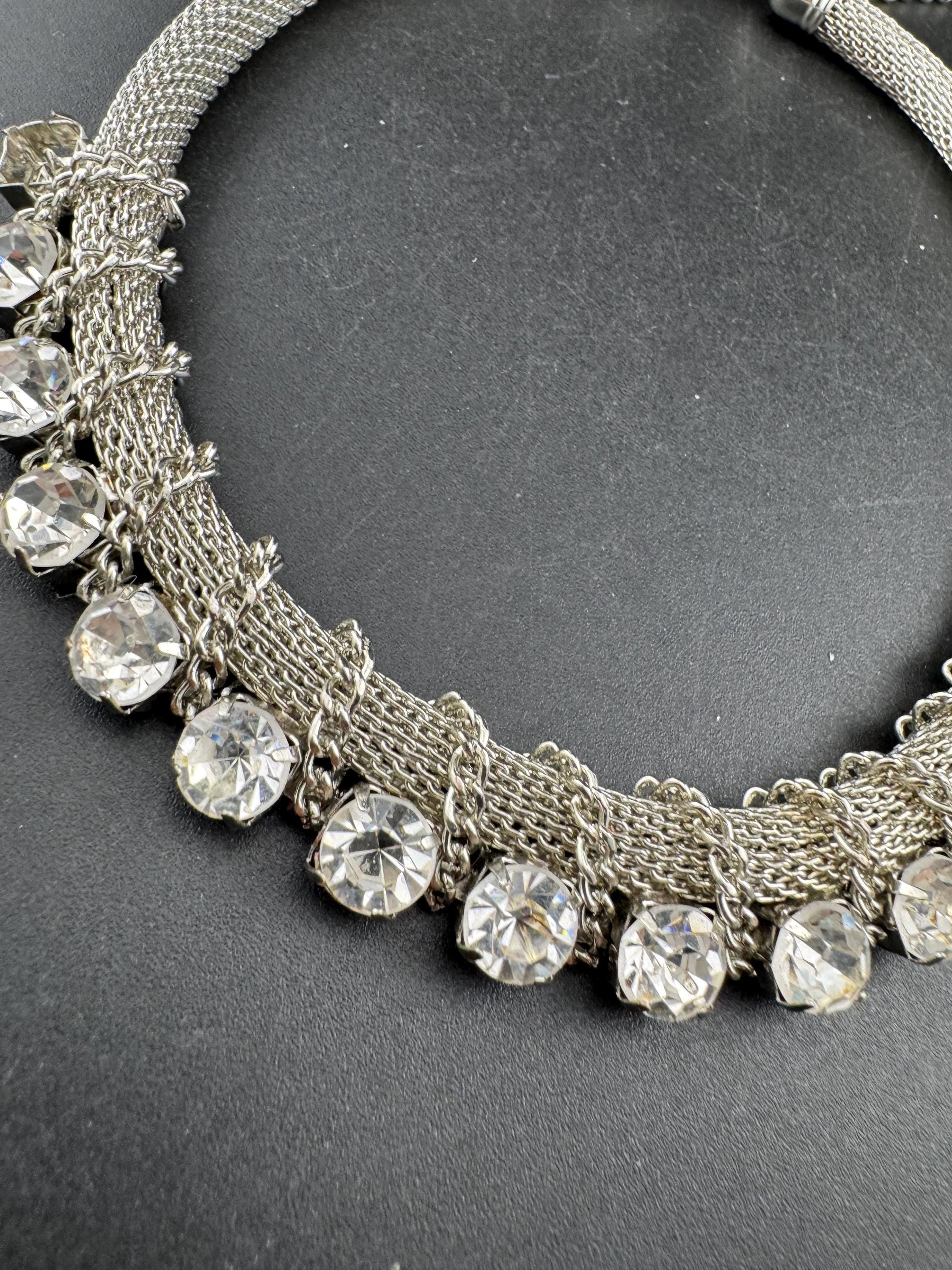 Retro mesh clear rhinestone diamanté choker necklace,  silver tone