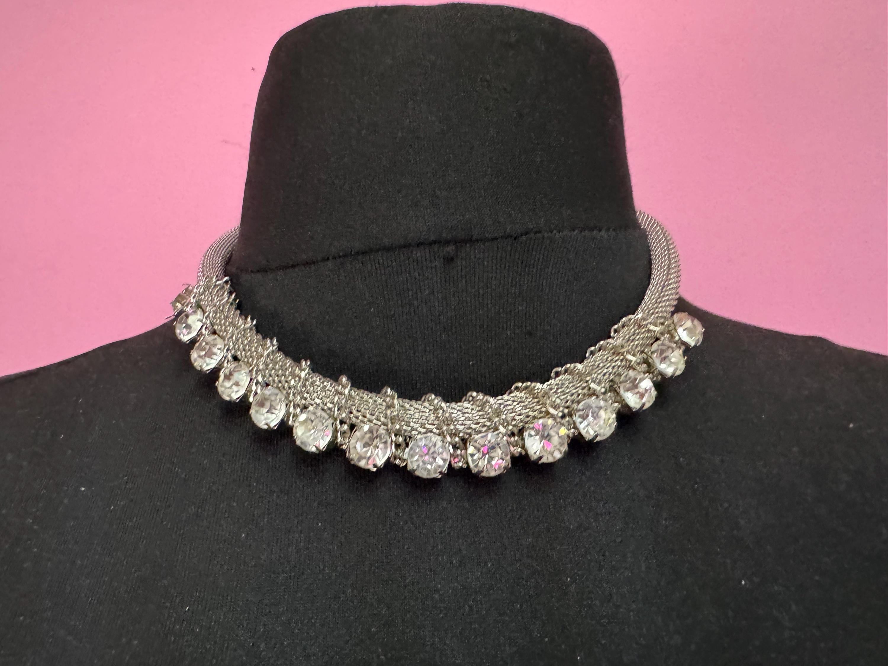 Retro mesh clear rhinestone diamanté choker necklace,  silver tone