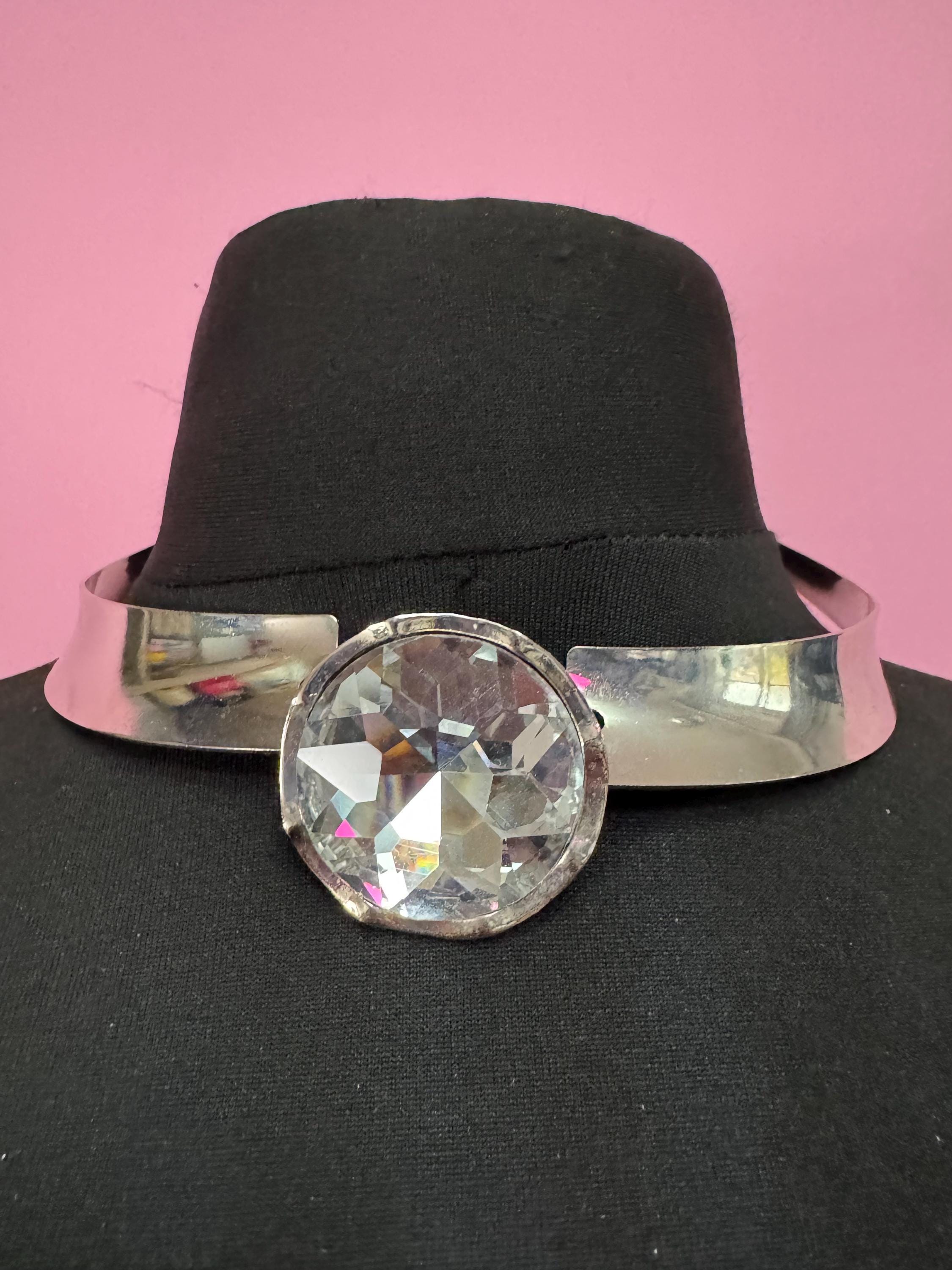 Retro clear Diamanté panel link metal choker, silver tone chunky necklace