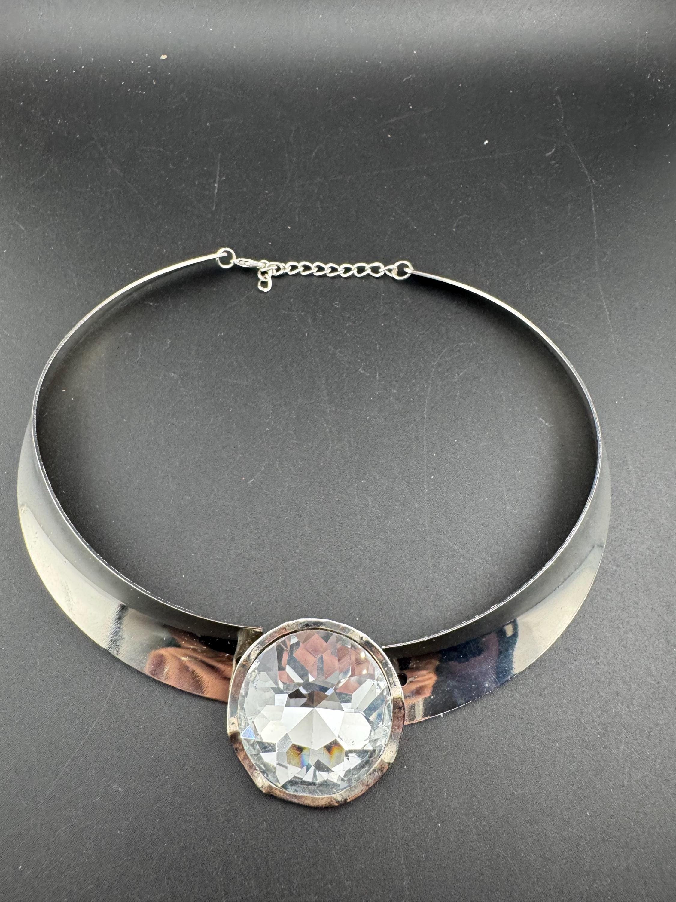 Retro clear Diamanté panel link metal choker, silver tone chunky necklace