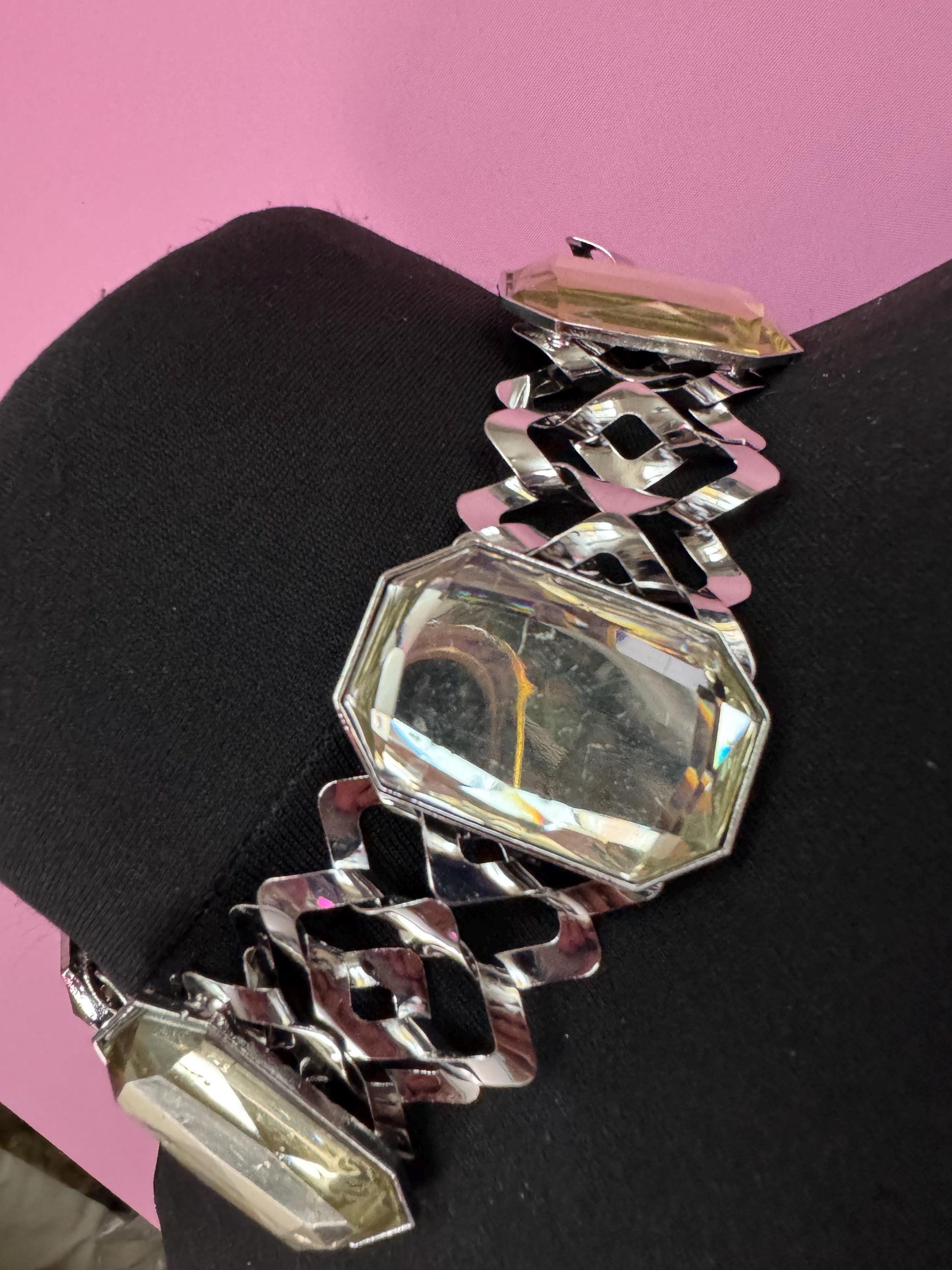 Retro lemon yellow Diamanté panel link metal choker, silver tone chunky necklace