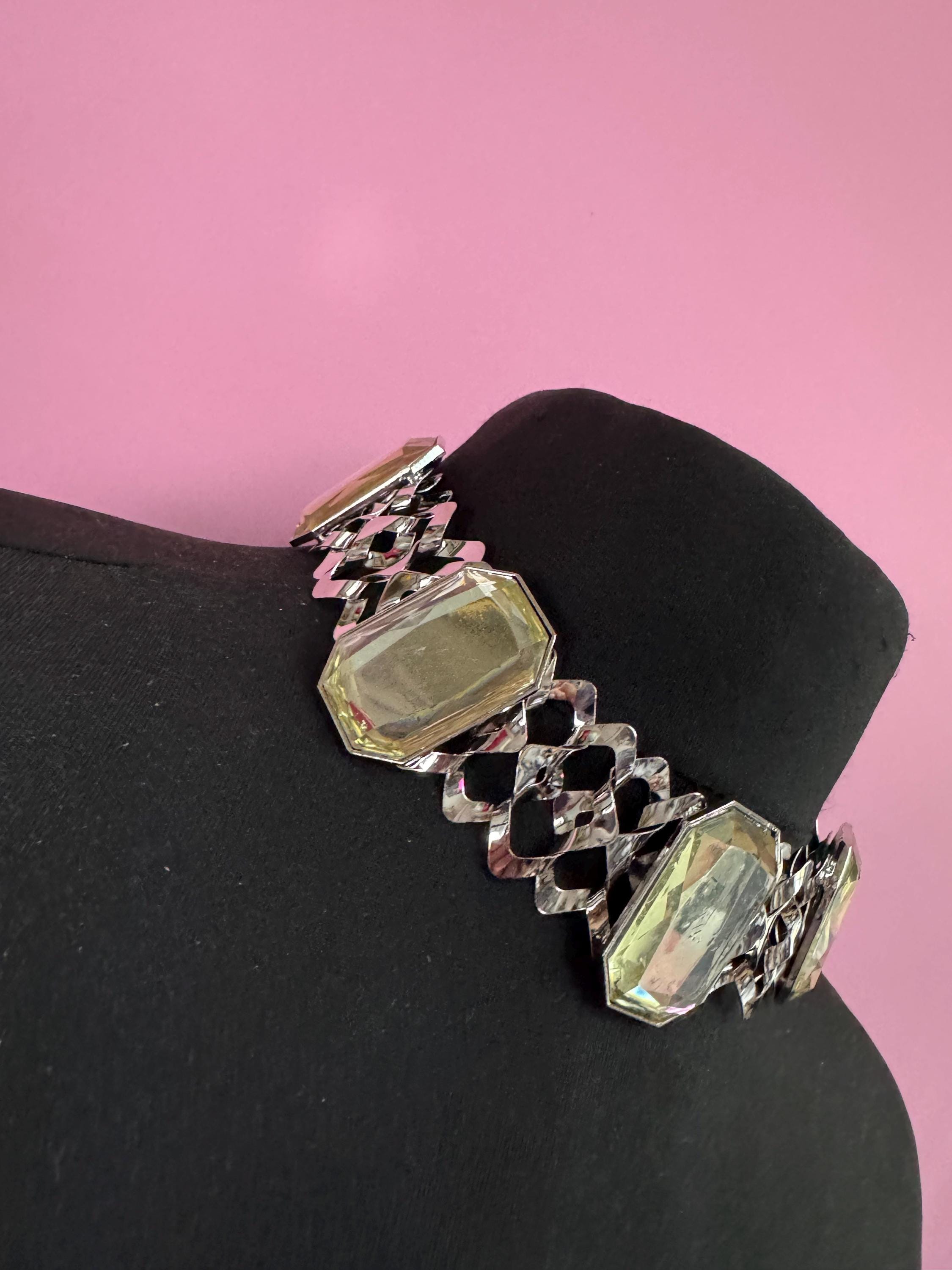 Retro lemon yellow Diamanté panel link metal choker, silver tone chunky necklace