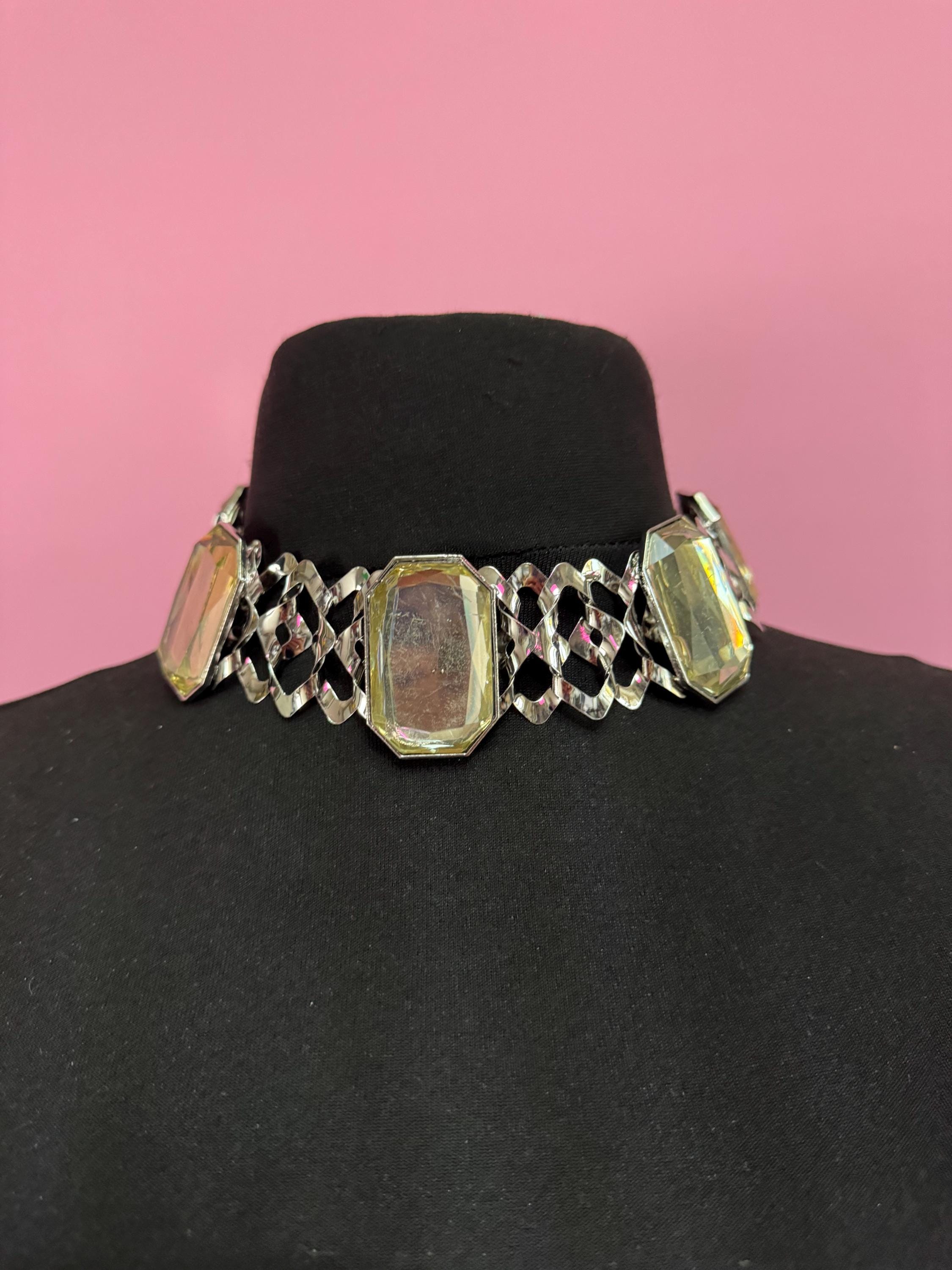 Retro lemon yellow Diamanté panel link metal choker, silver tone chunky necklace