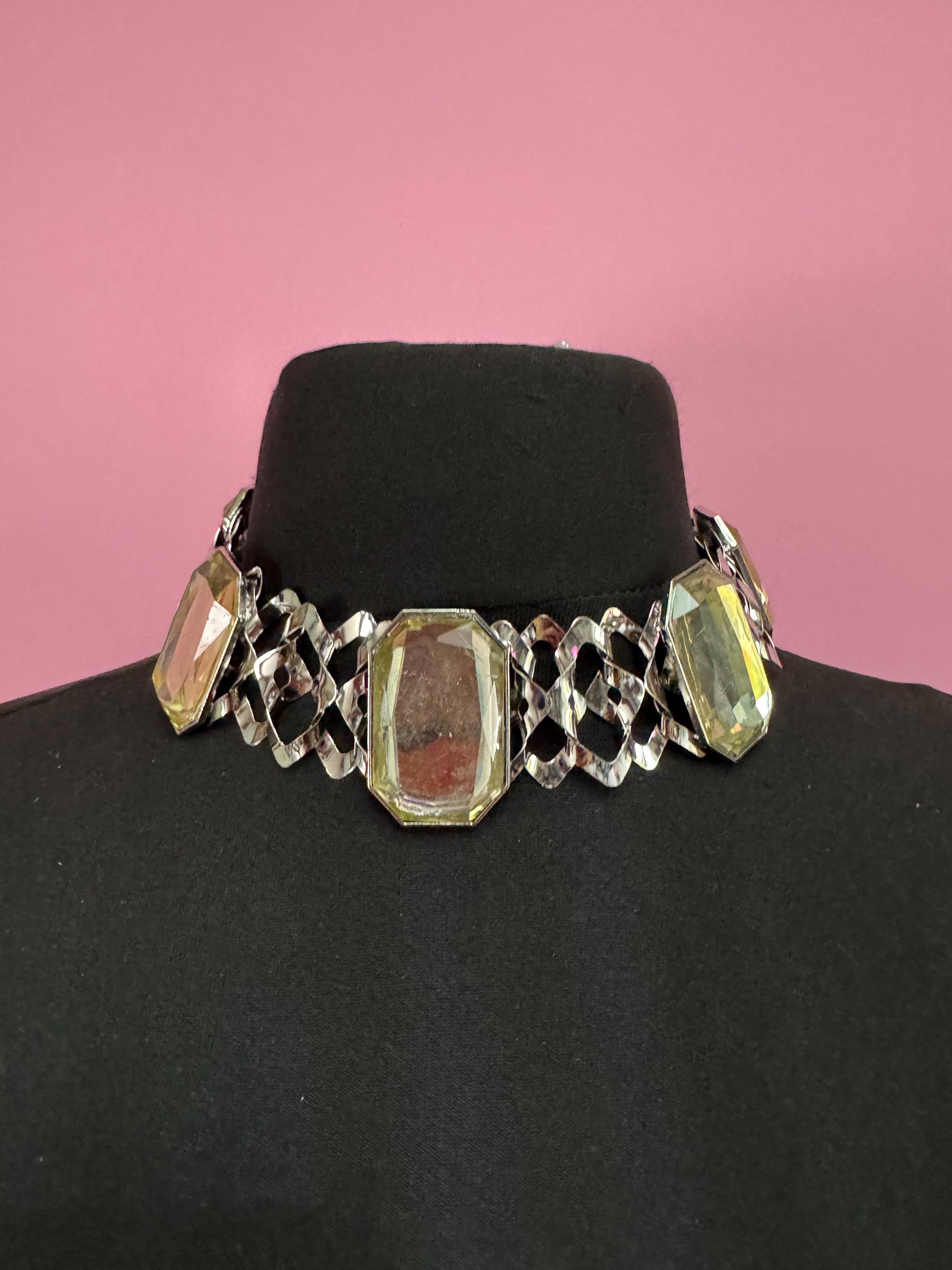 Retro lemon yellow Diamanté panel link metal choker, silver tone chunky necklace