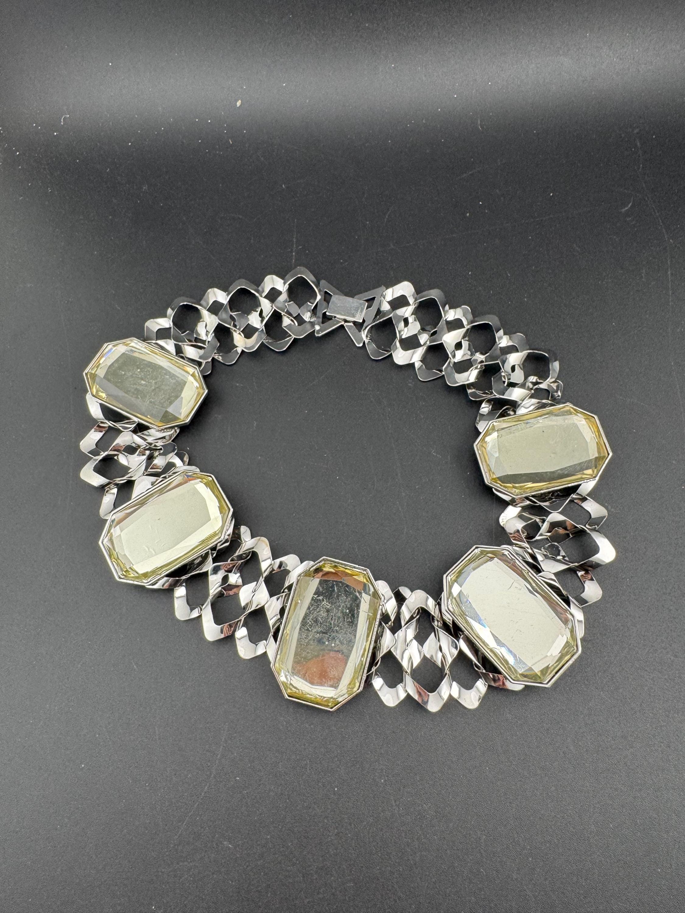 Retro lemon yellow Diamanté panel link metal choker, silver tone chunky necklace