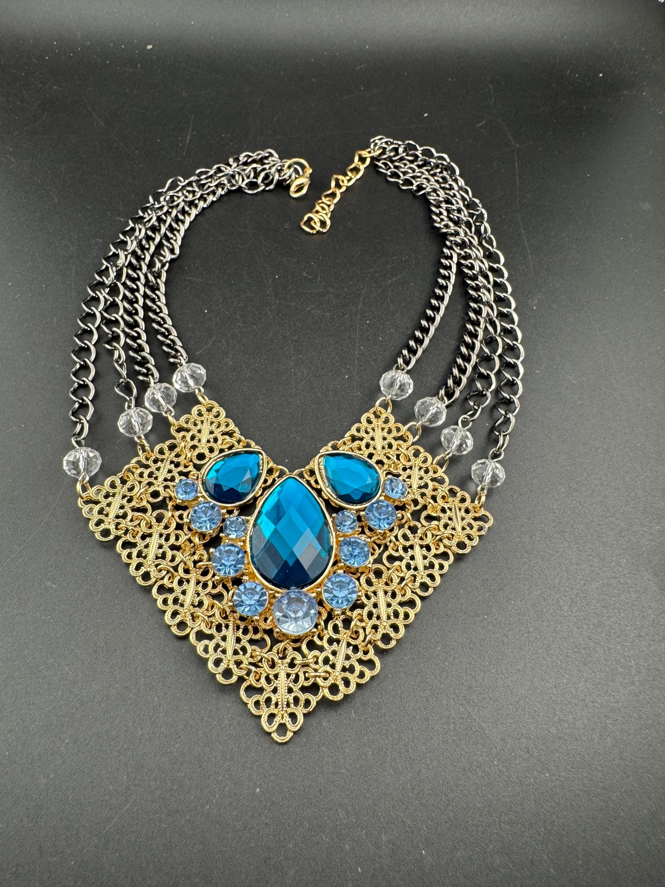 Retro turquoise blue Diamanté panel link metal choker, silver and gold tone chunky necklace