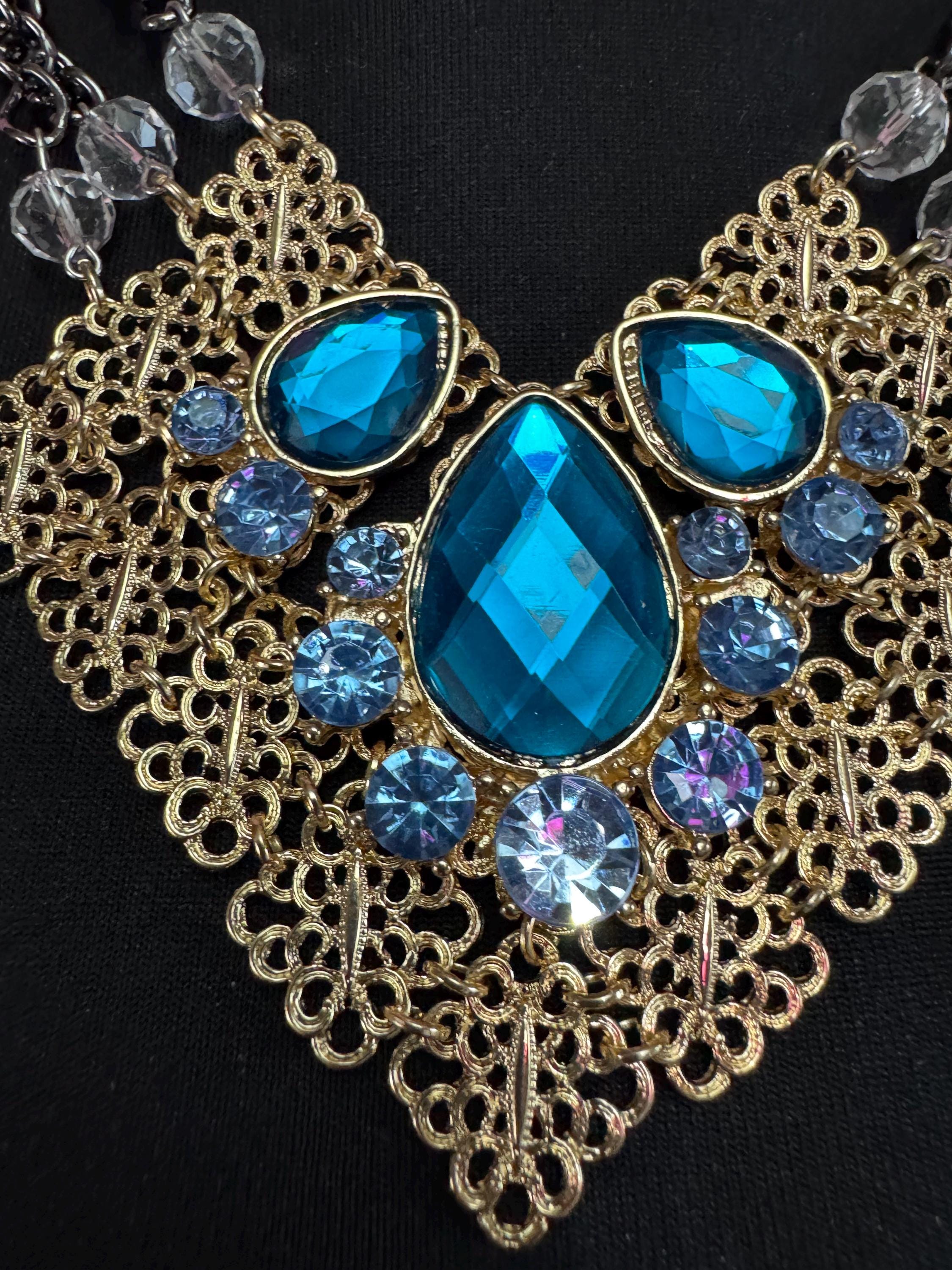 Retro turquoise blue Diamanté panel link metal choker, silver and gold tone chunky necklace