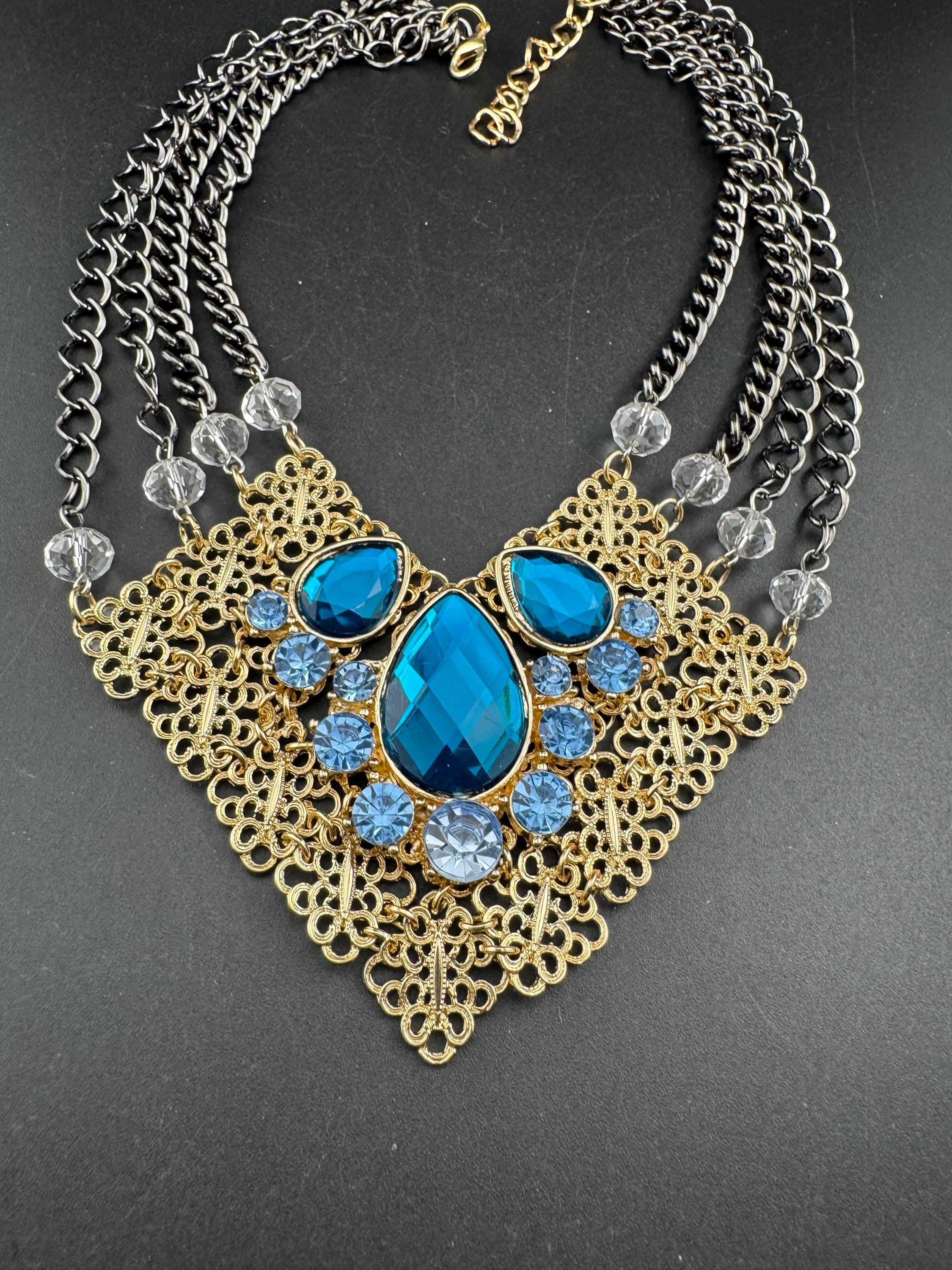 Retro turquoise blue Diamanté panel link metal choker, silver and gold tone chunky necklace