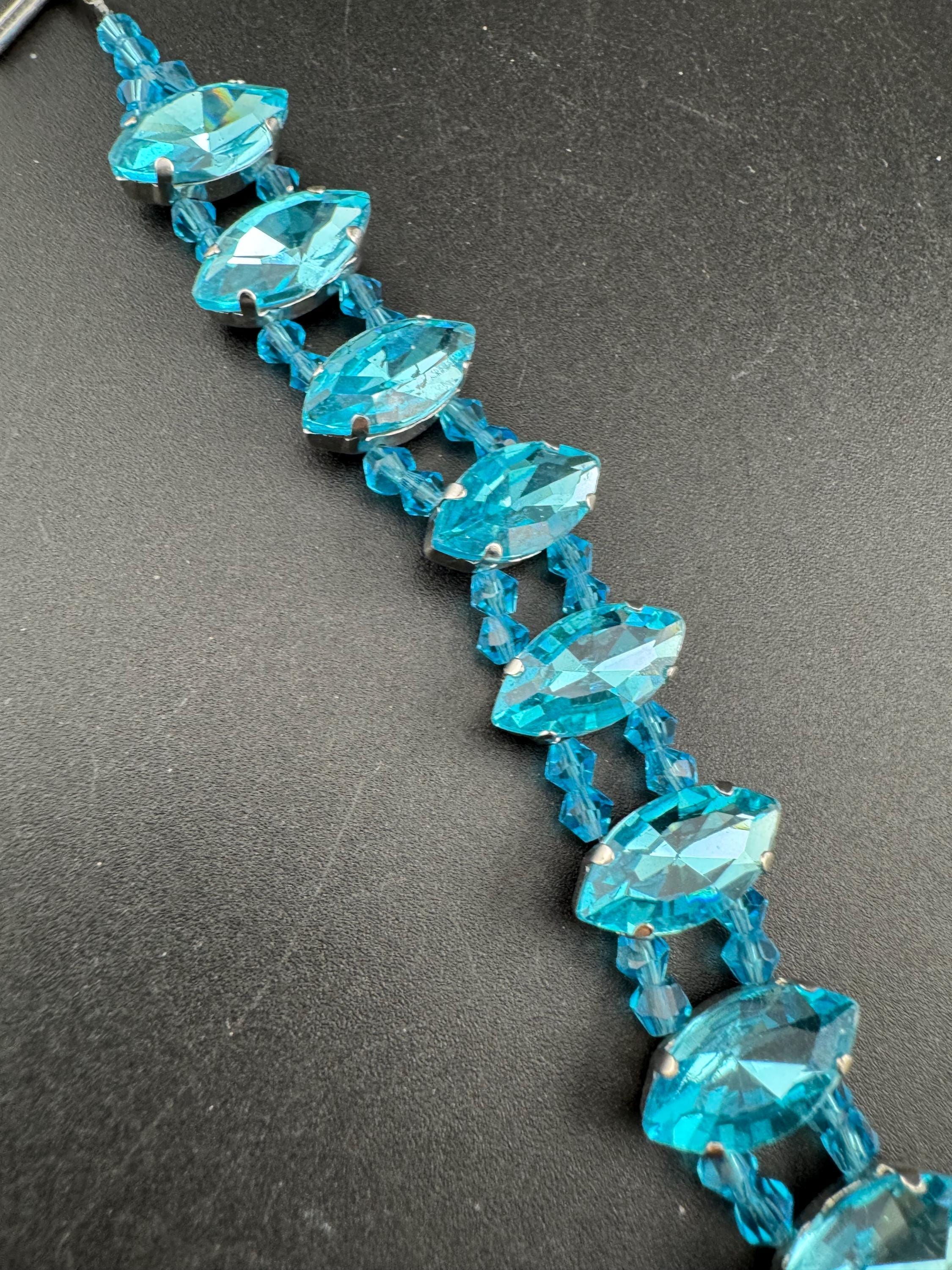 turquoise blue paste diamanté tennis bracelet, silver tone toggle