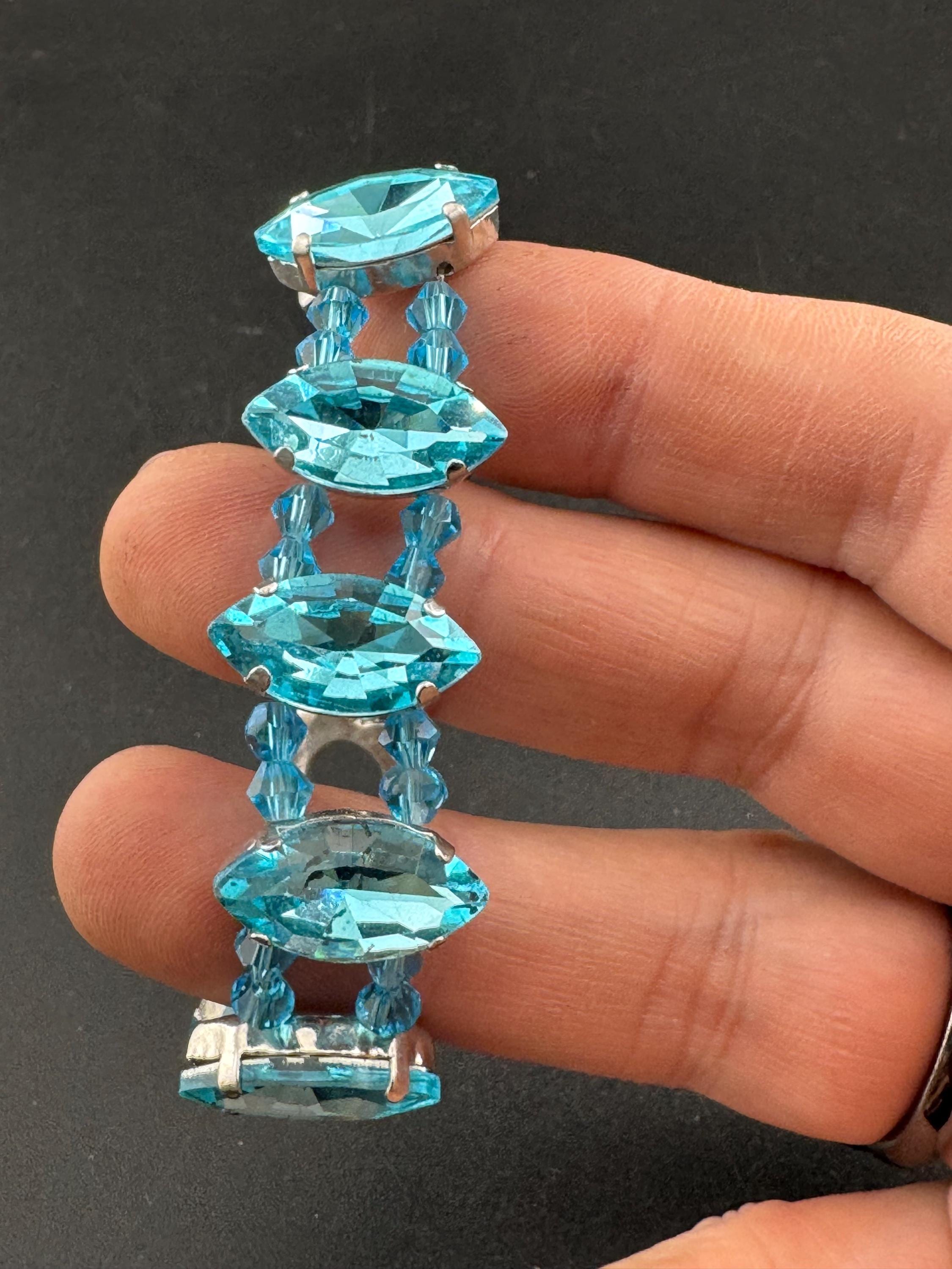 turquoise blue paste diamanté tennis bracelet, silver tone toggle