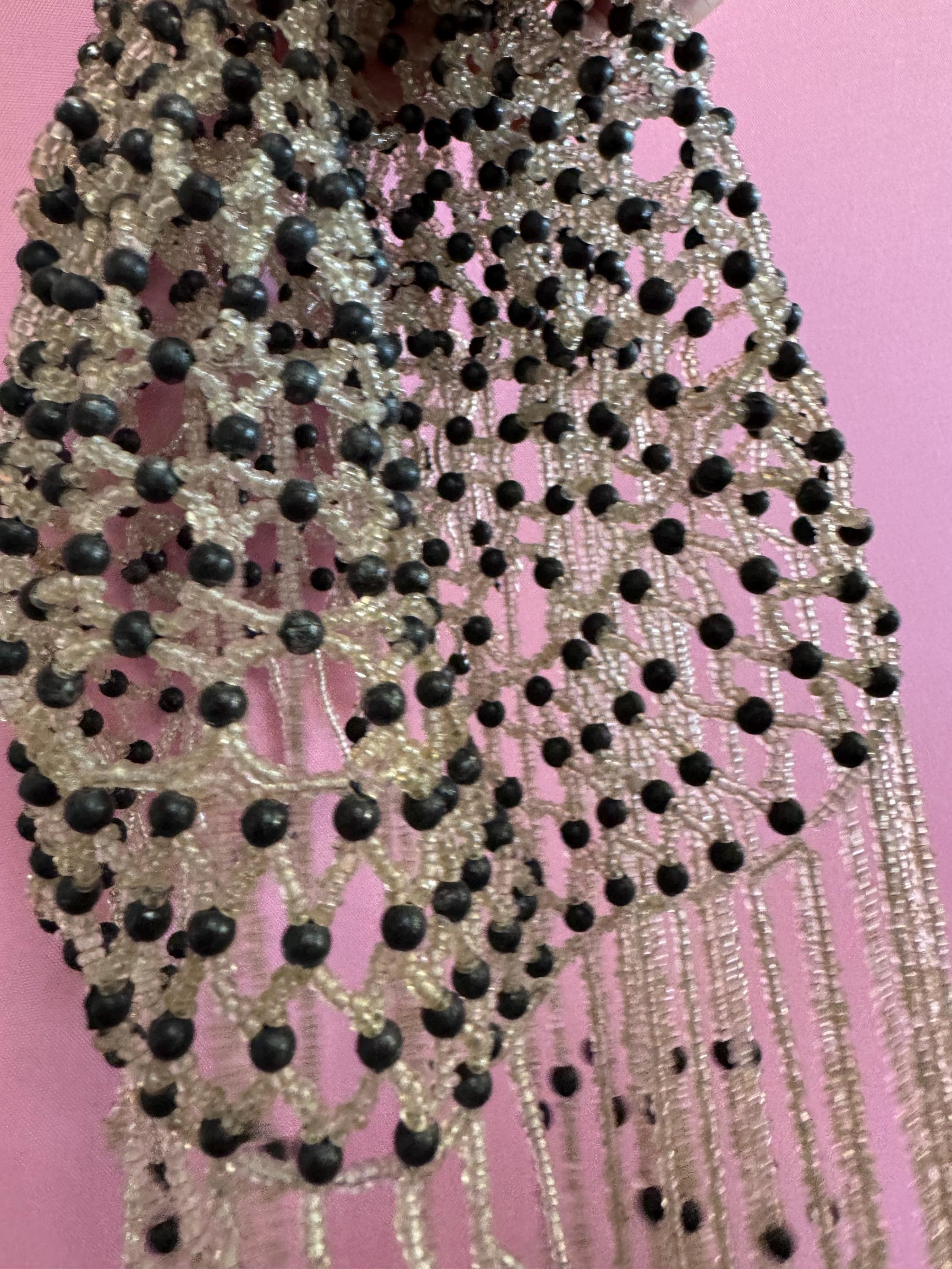 Vintage silver and black head piece bead cloche headress, glass seed beads