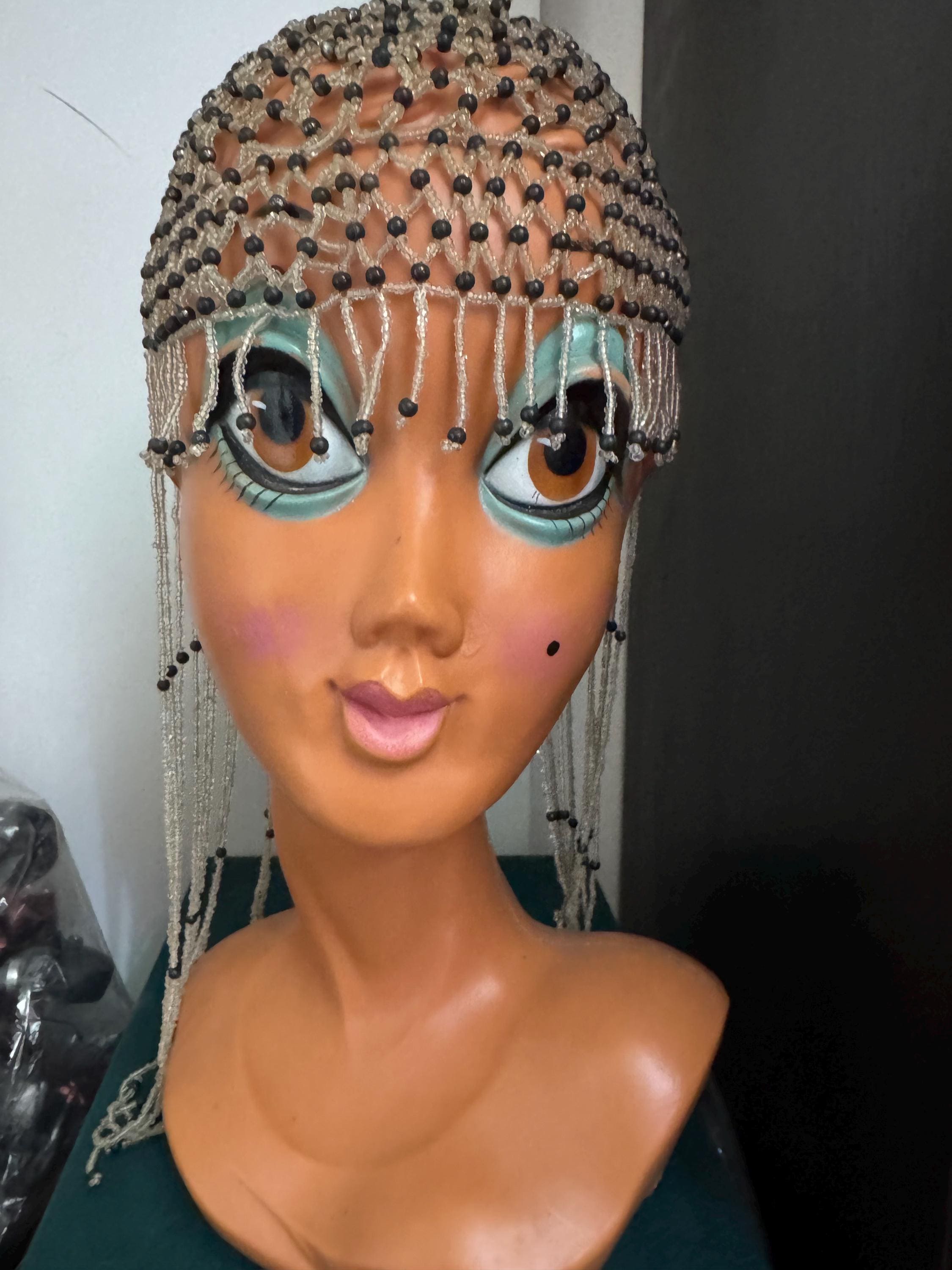 Vintage silver and black head piece bead cloche headress, glass seed beads